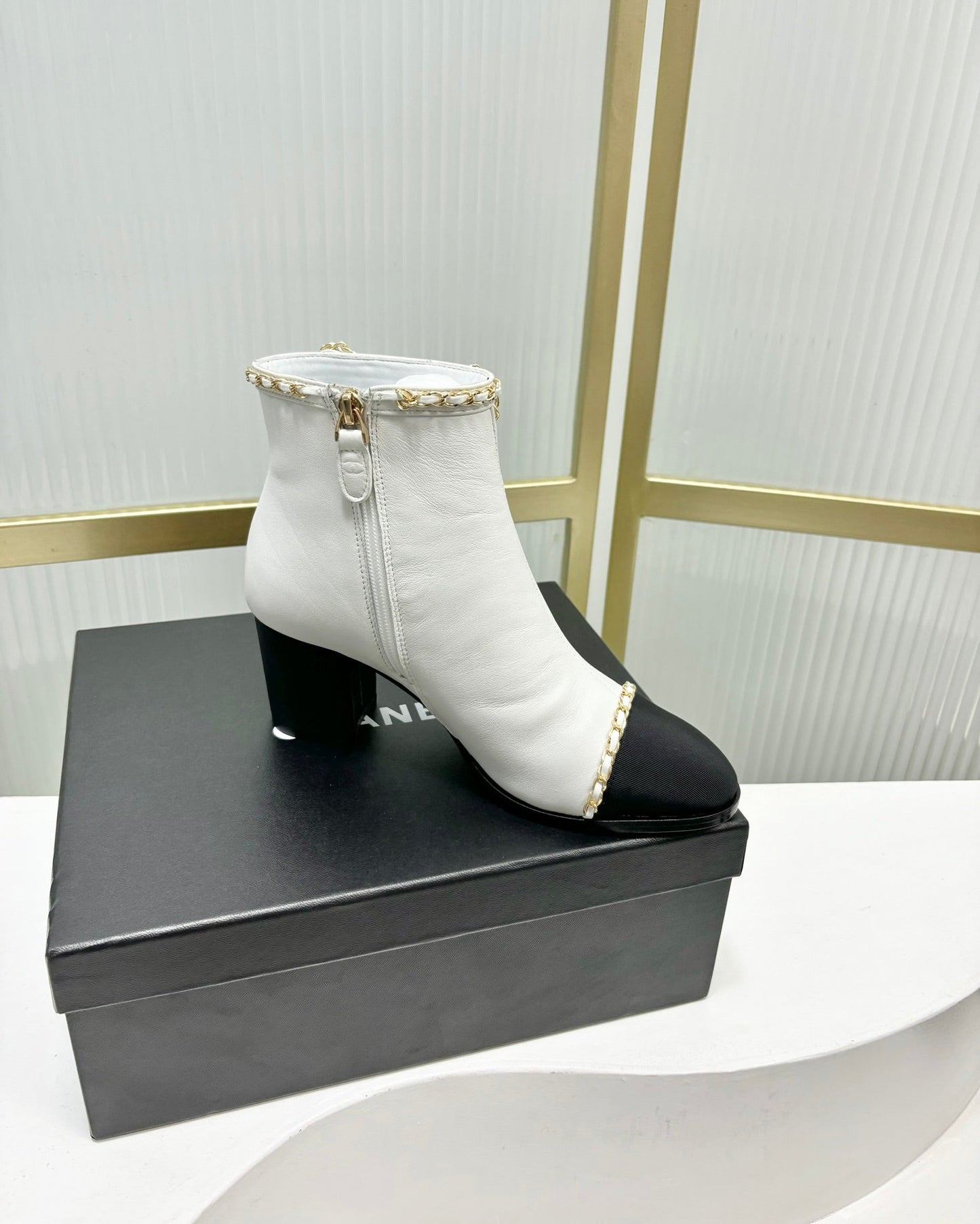 CHANEL Ankle Boot 65 White Calfkin Black Grosgrain Leather Strap