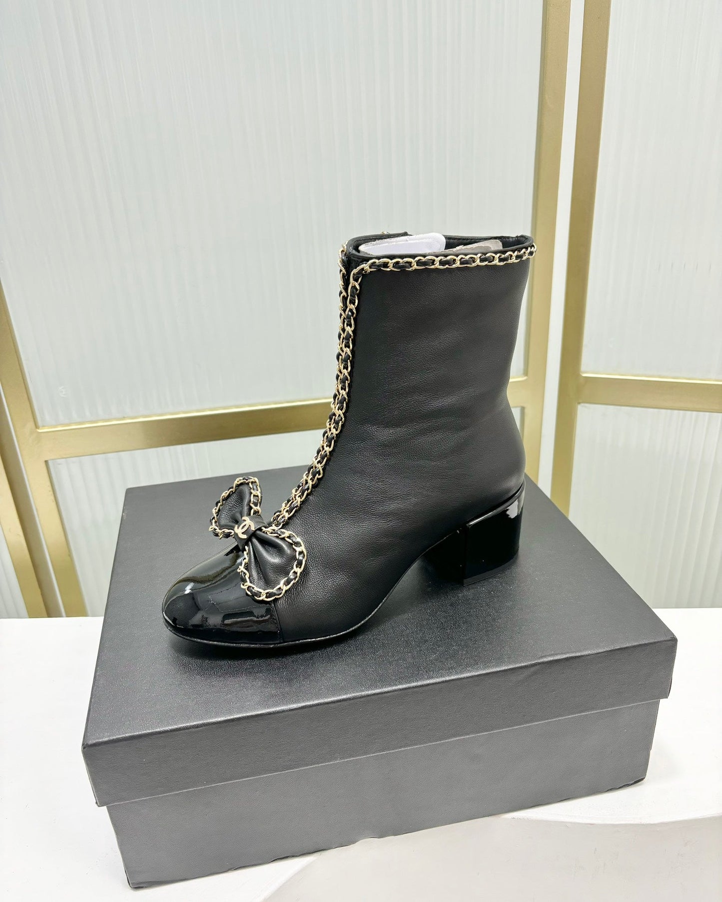 CHANEL Ankle Boot 65 Black Calfskin Patent Calfksin Leather Strap
