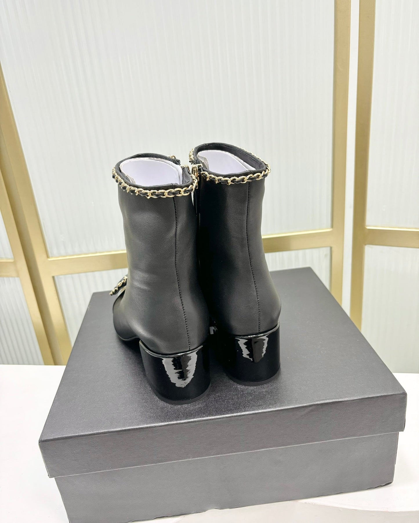 CHANEL Ankle Boot 65 Black Calfskin Patent Calfksin Leather Strap