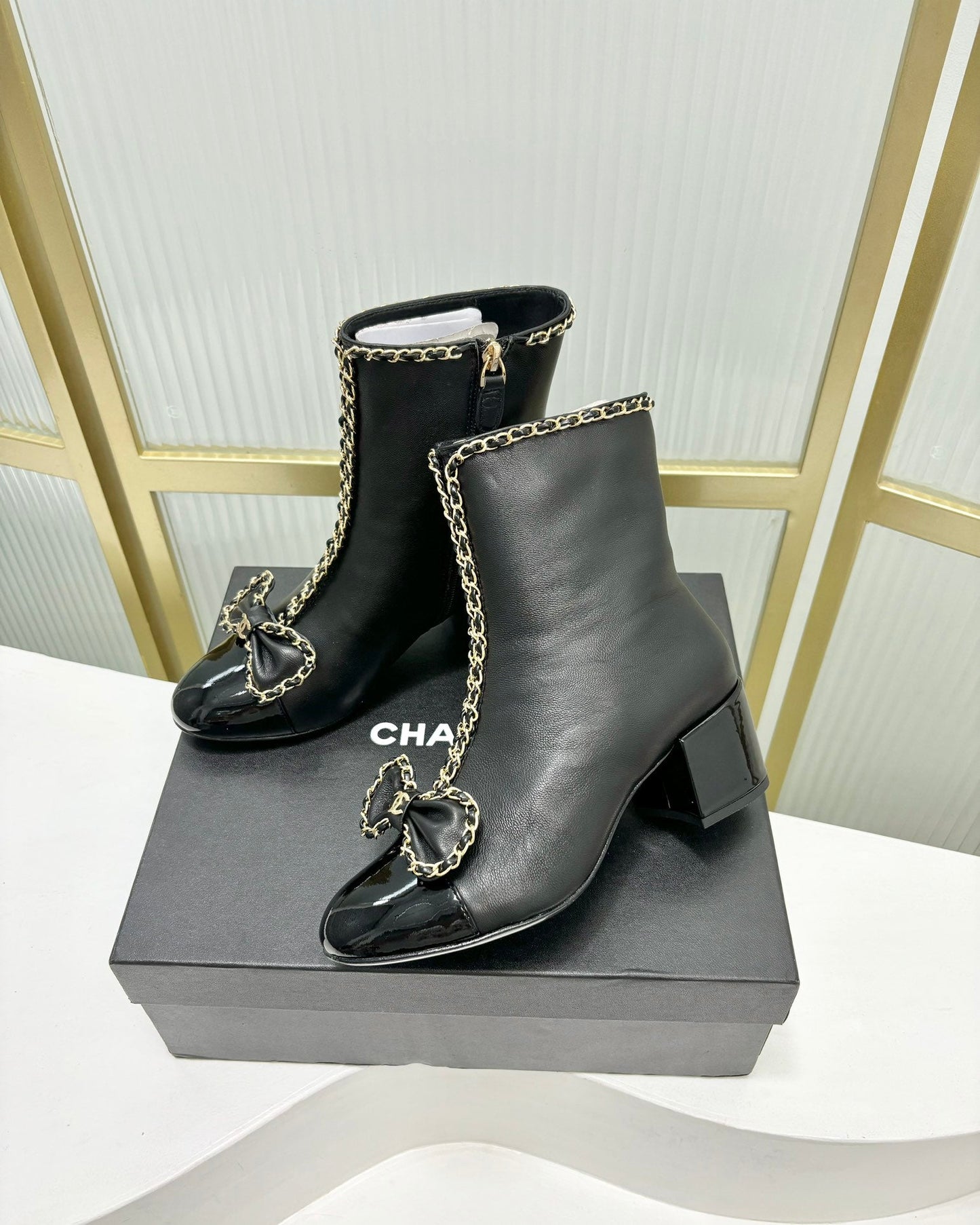 CHANEL Ankle Boot 65 Black Calfskin Patent Calfksin Leather Strap