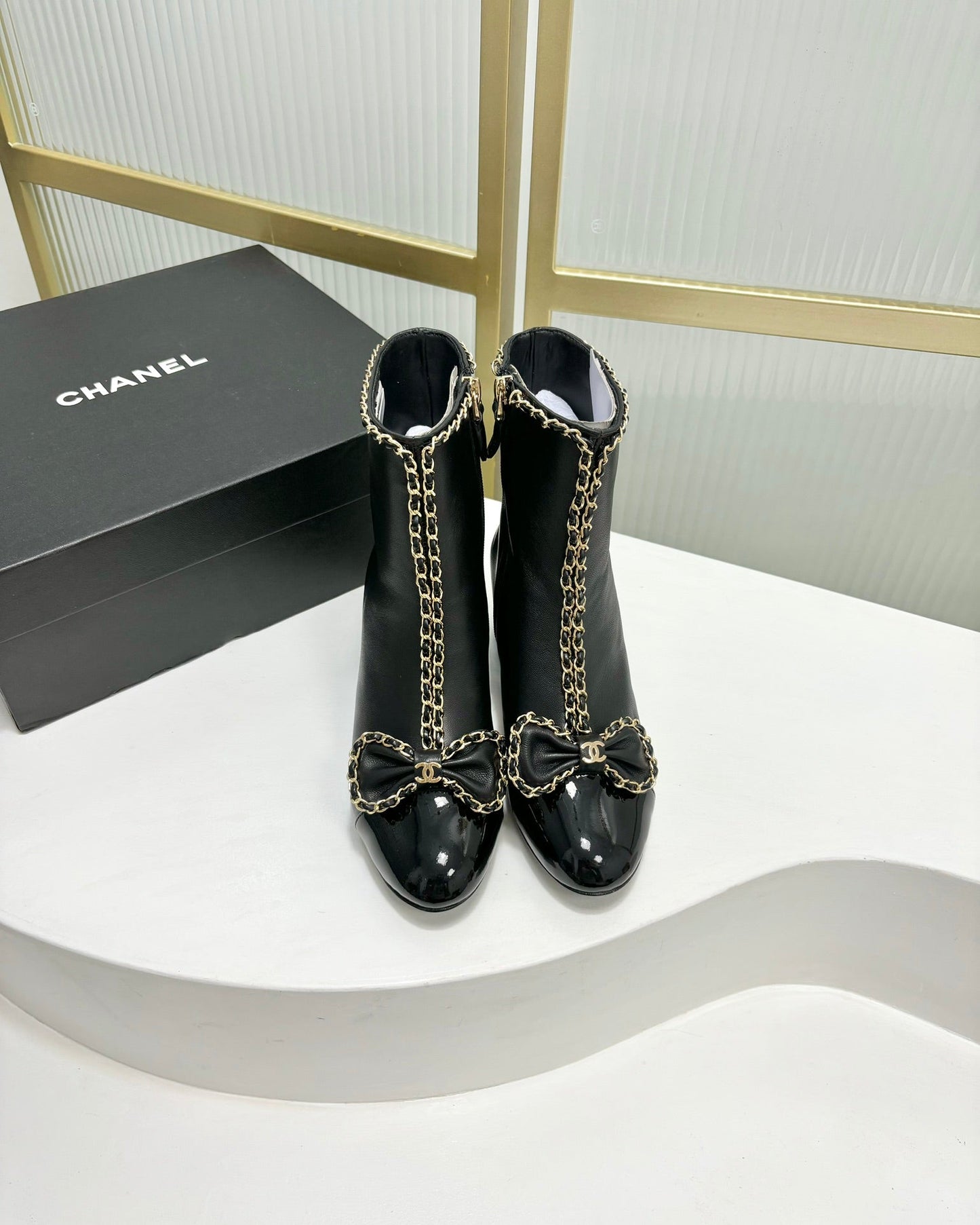 CHANEL Ankle Boot 65 Black Calfskin Patent Calfksin Leather Strap