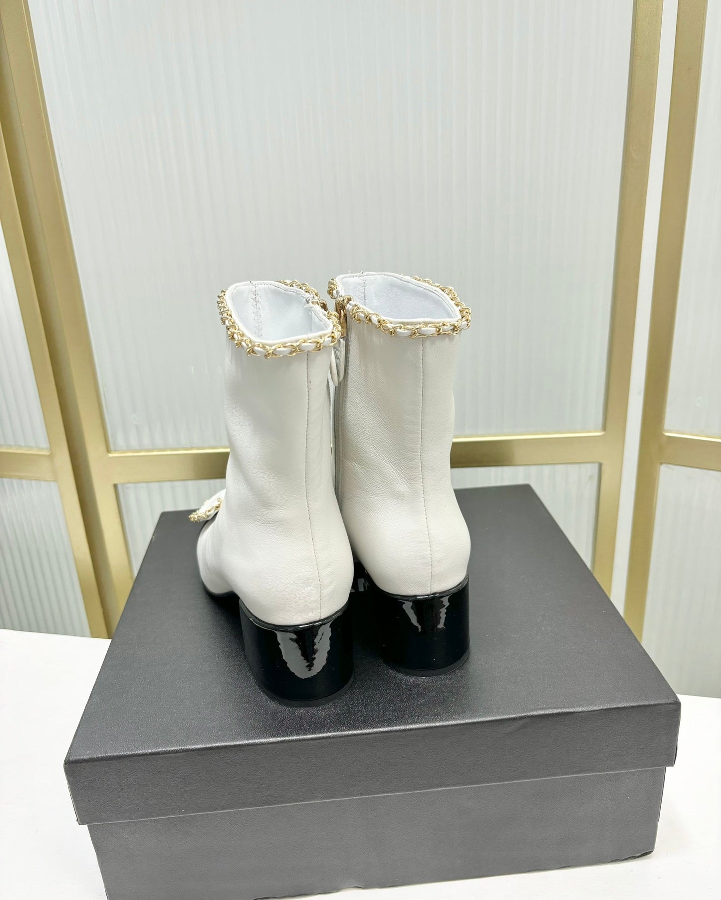 CHANEL Ankle Boot 65 White Calfskin Black Patent Calfksin Leather Strap