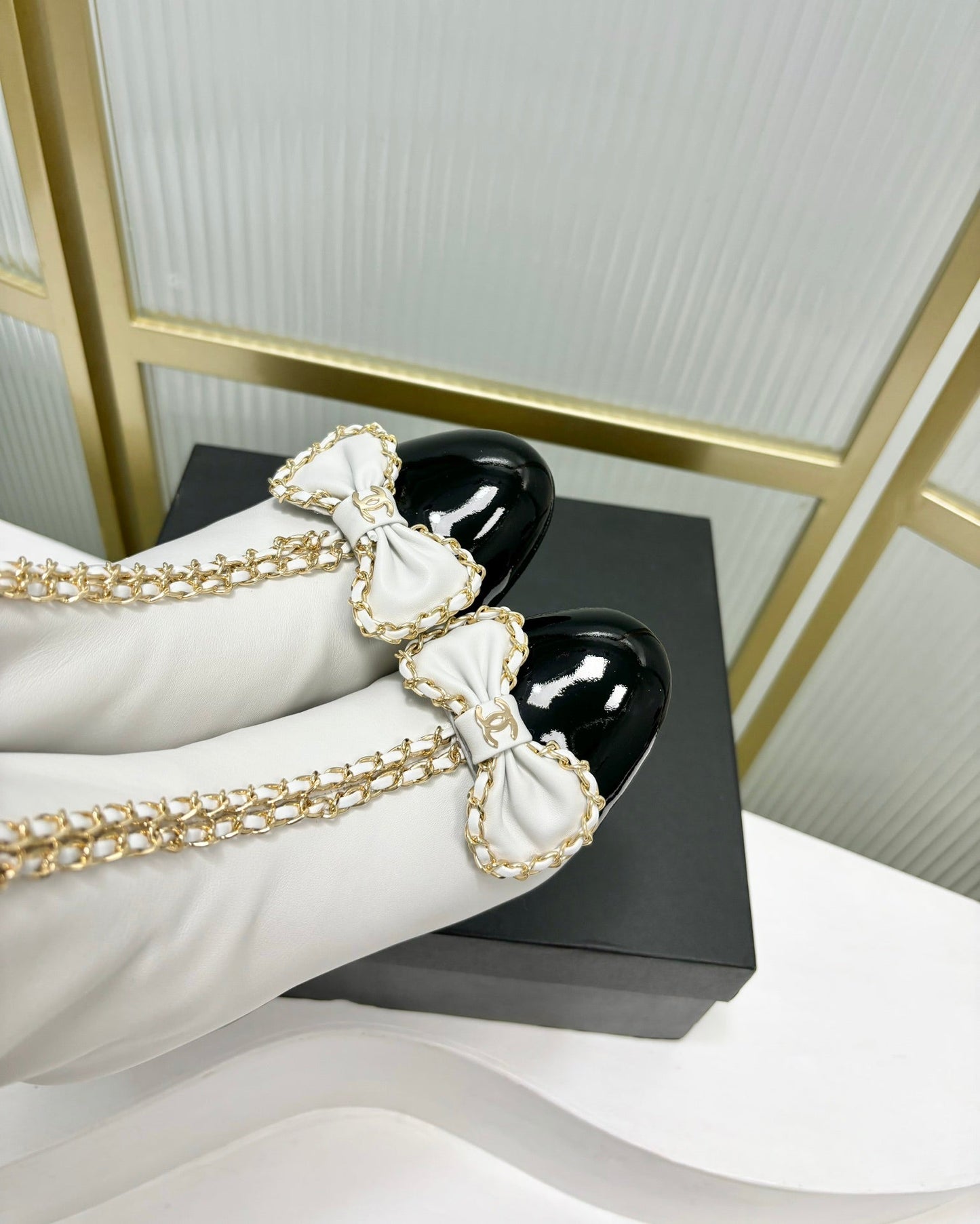 CHANEL Ankle Boot 65 White Calfskin Black Patent Calfksin Leather Strap