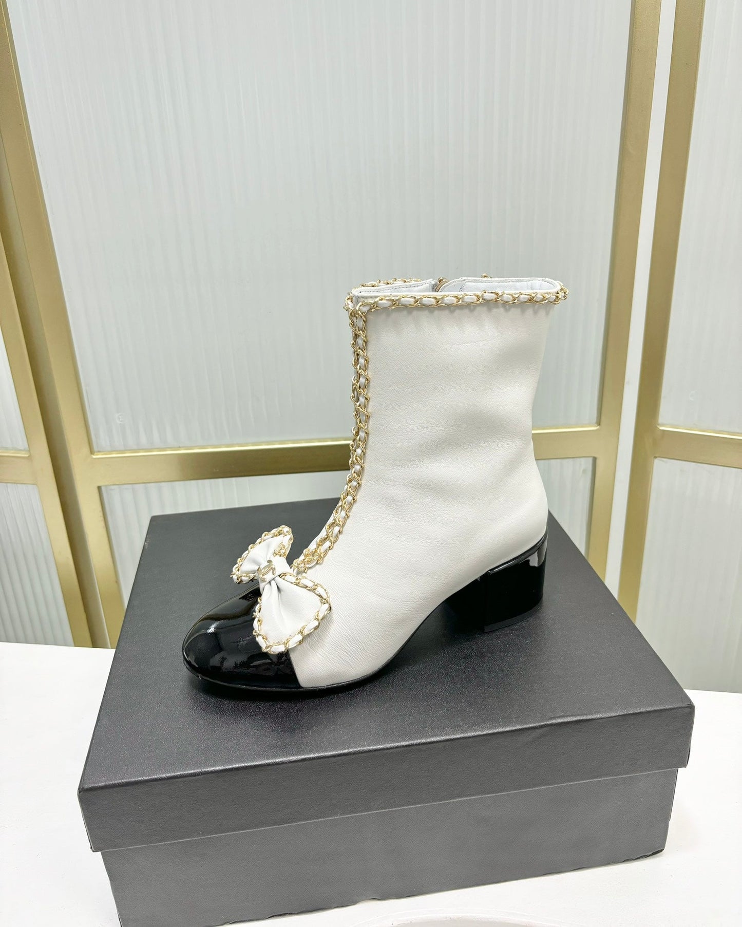 CHANEL Ankle Boot 65 White Calfskin Black Patent Calfksin Leather Strap