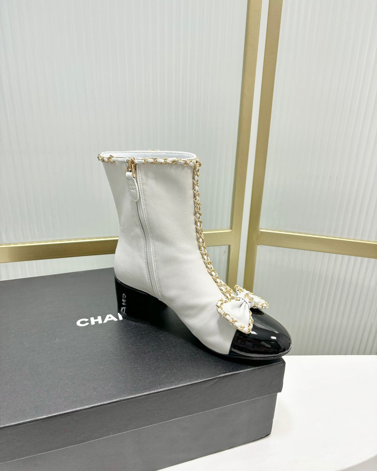 CHANEL Ankle Boot 65 White Calfskin Black Patent Calfksin Leather Strap