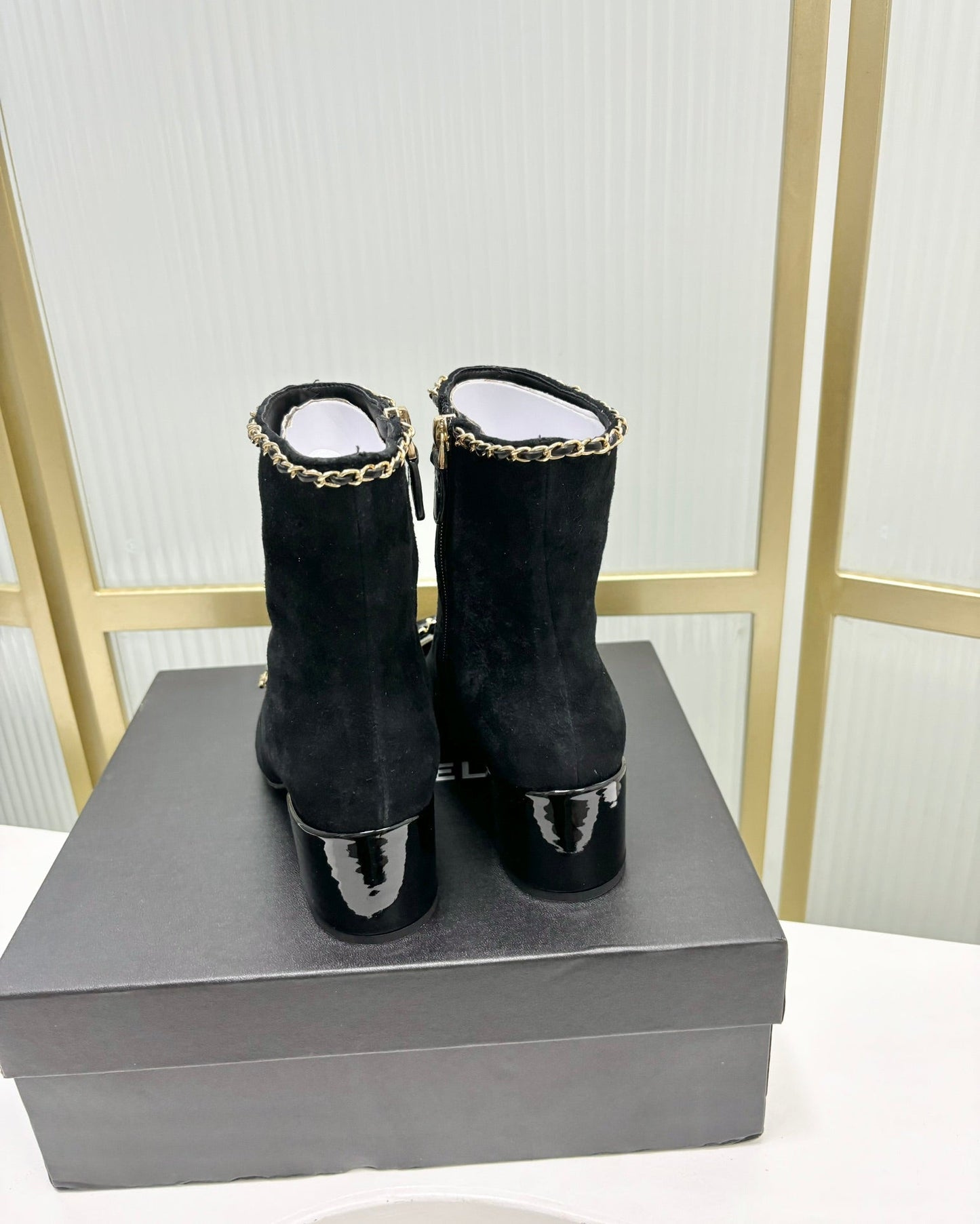 CHANEL Ankle Boot 65 Black Suede Leather Strap