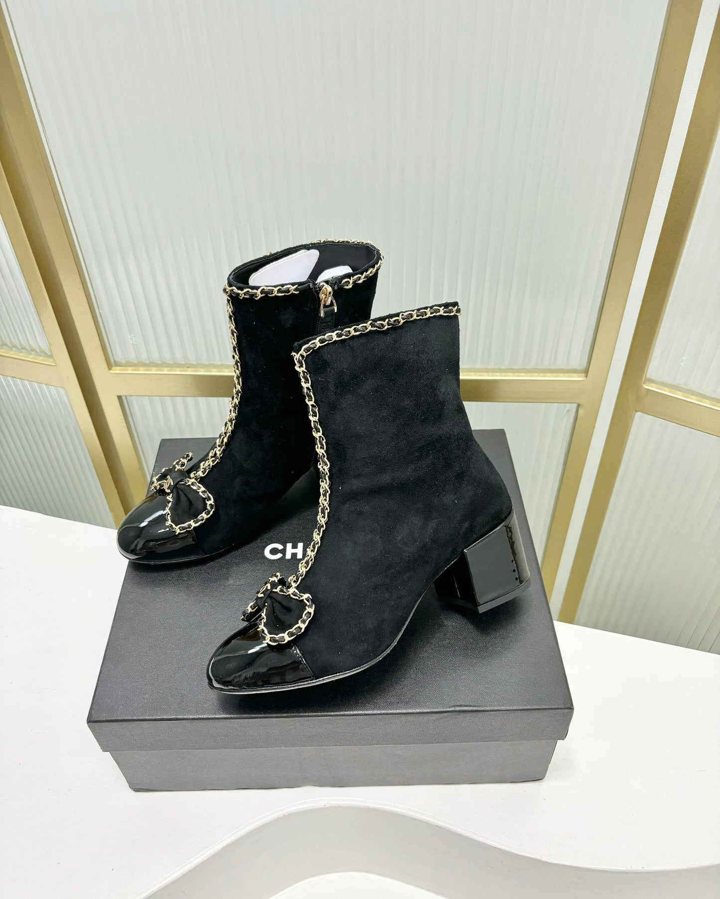 CHANEL Ankle Boot 65 Black Suede Leather Strap
