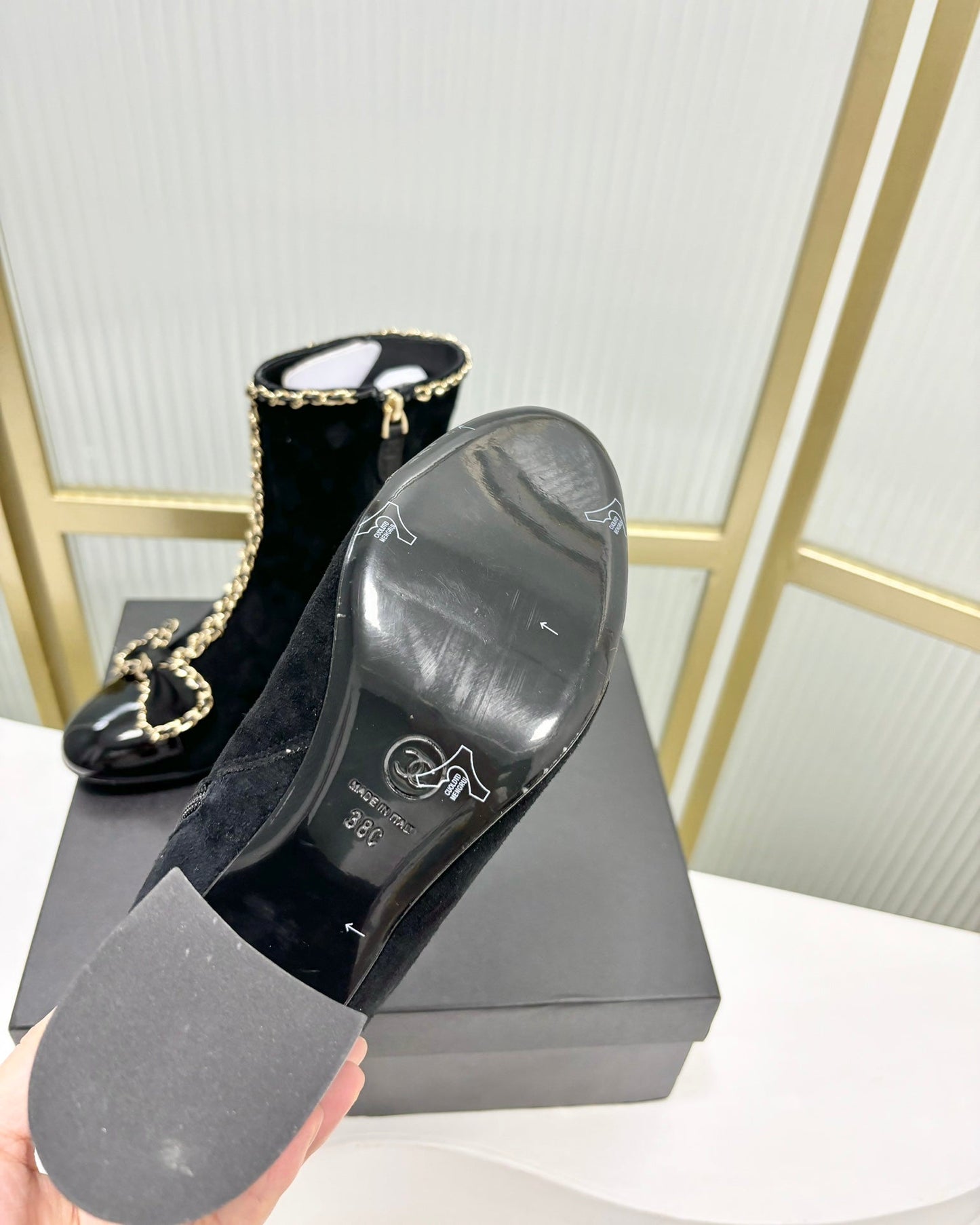 CHANEL Ankle Boot 65 Black Suede Leather Strap