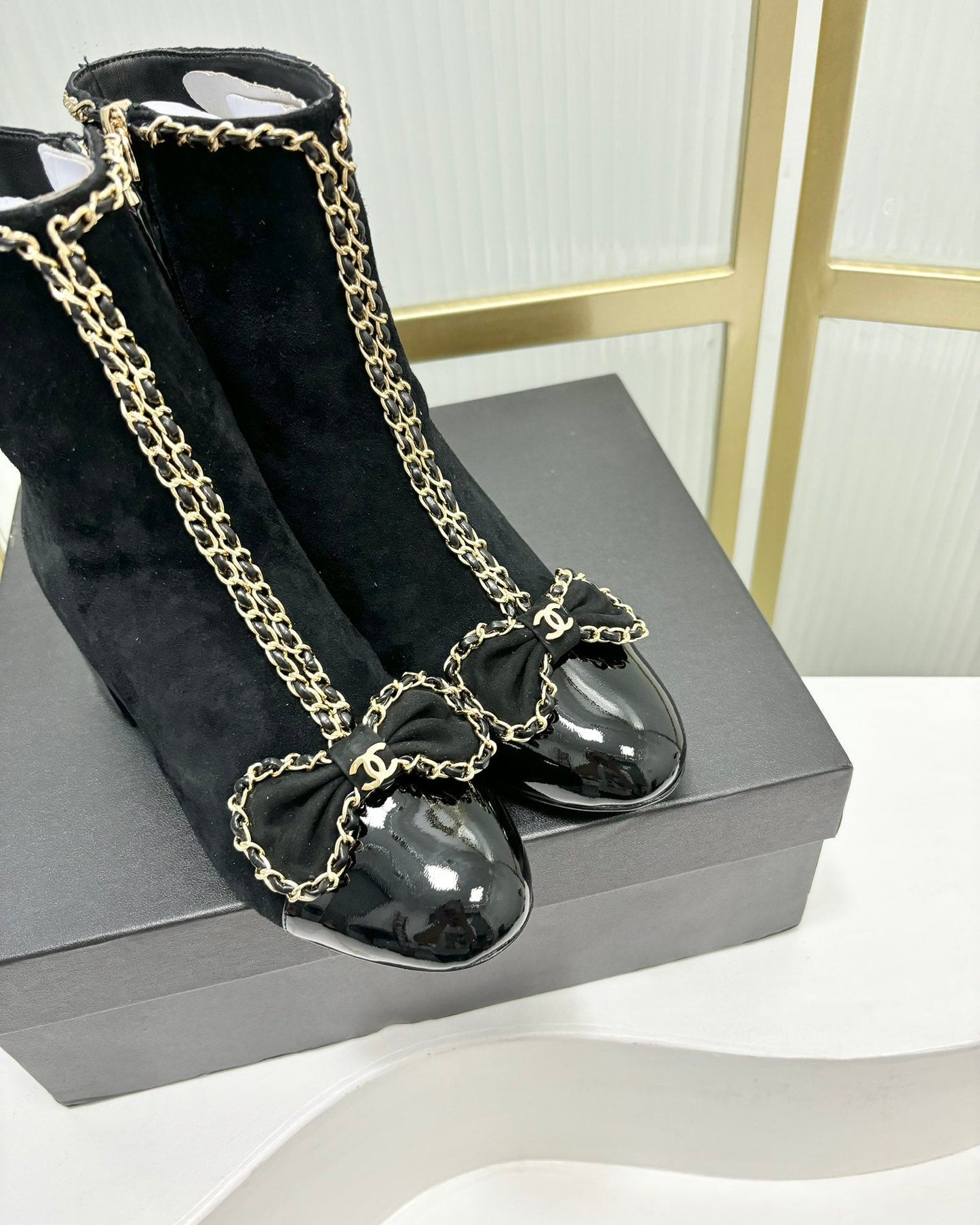 CHANEL Ankle Boot 65 Black Suede Leather Strap
