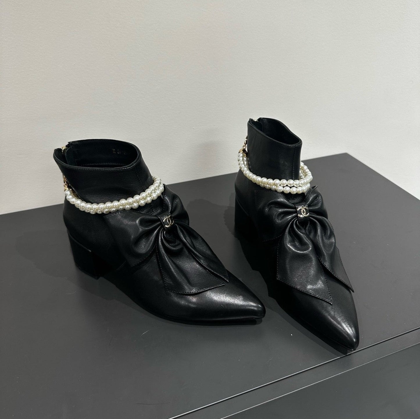 CHANEL Ankle Boots Black Bow Tie Cowhide