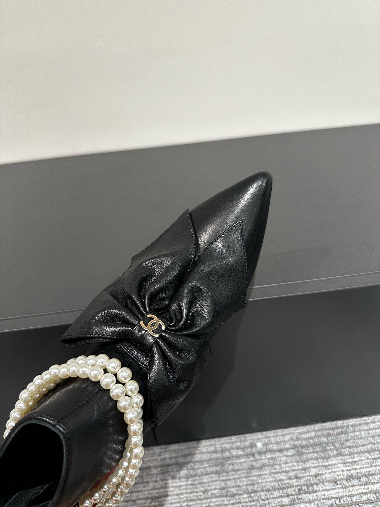 CHANEL Ankle Boots Black Bow Tie Cowhide