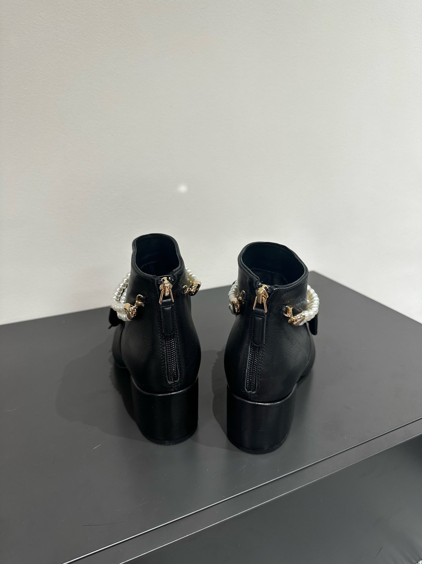 CHANEL Ankle Boots Black Bow Tie Cowhide