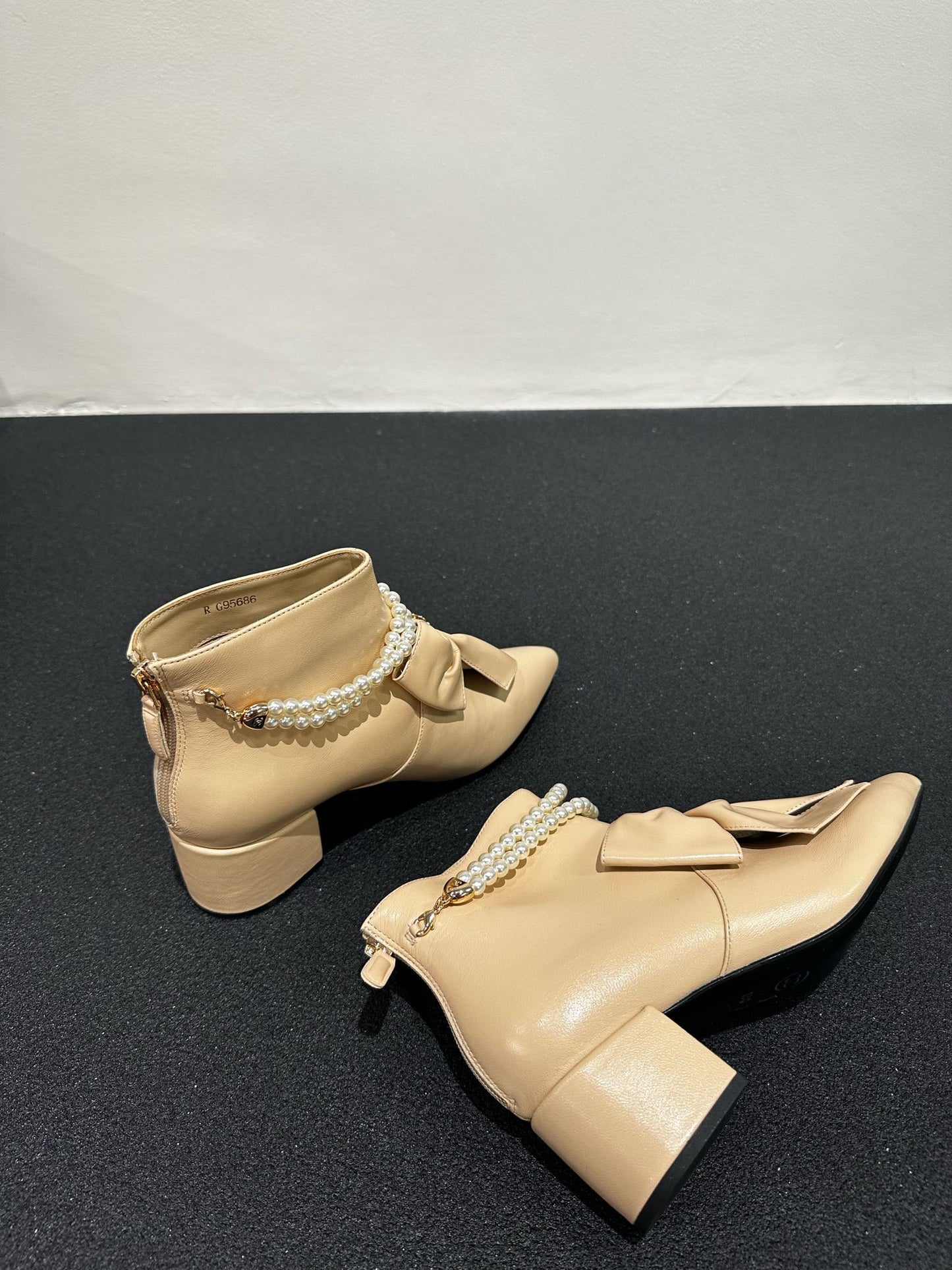 CHANEL Ankle Boots Beige Bow Tie Cowhide