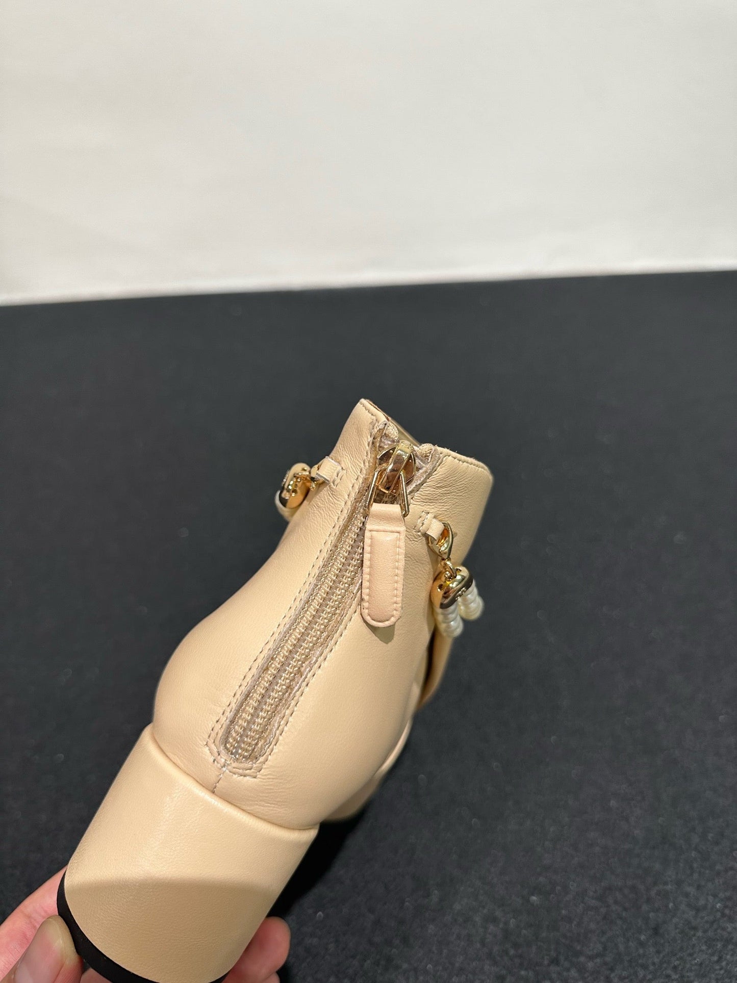 CHANEL Ankle Boots Beige Bow Tie Cowhide