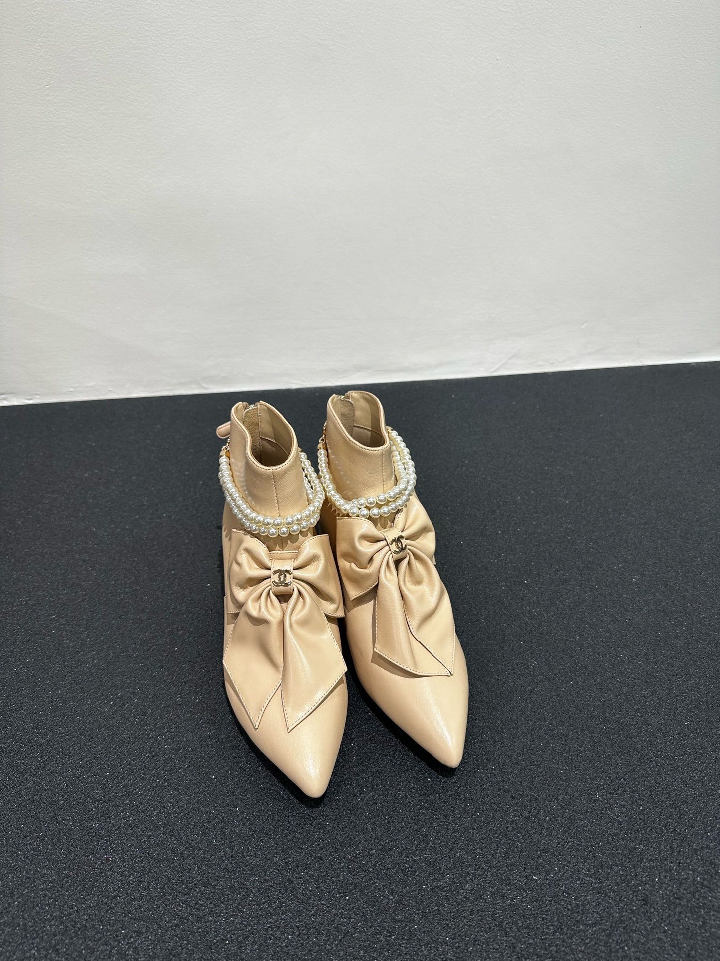 CHANEL Ankle Boots Beige Bow Tie Cowhide