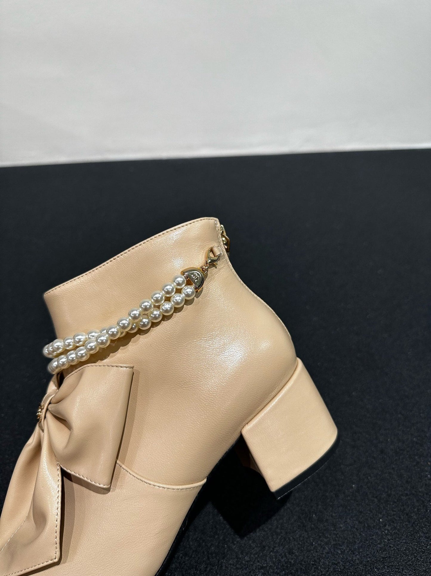 CHANEL Ankle Boots Beige Bow Tie Cowhide