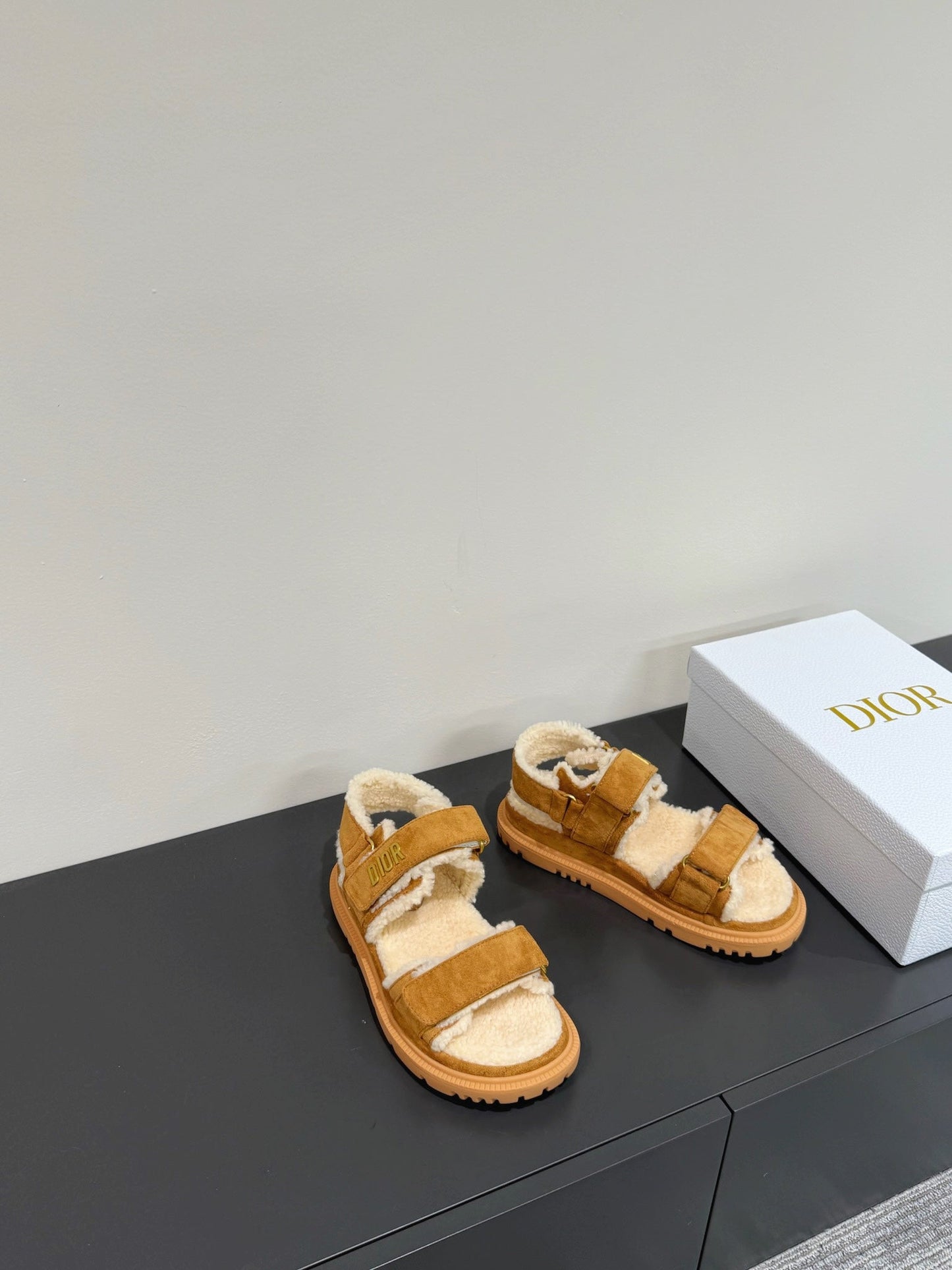 DIOR DIORact Sandal In Caramel Suede And Wool Fleece Lining 109871