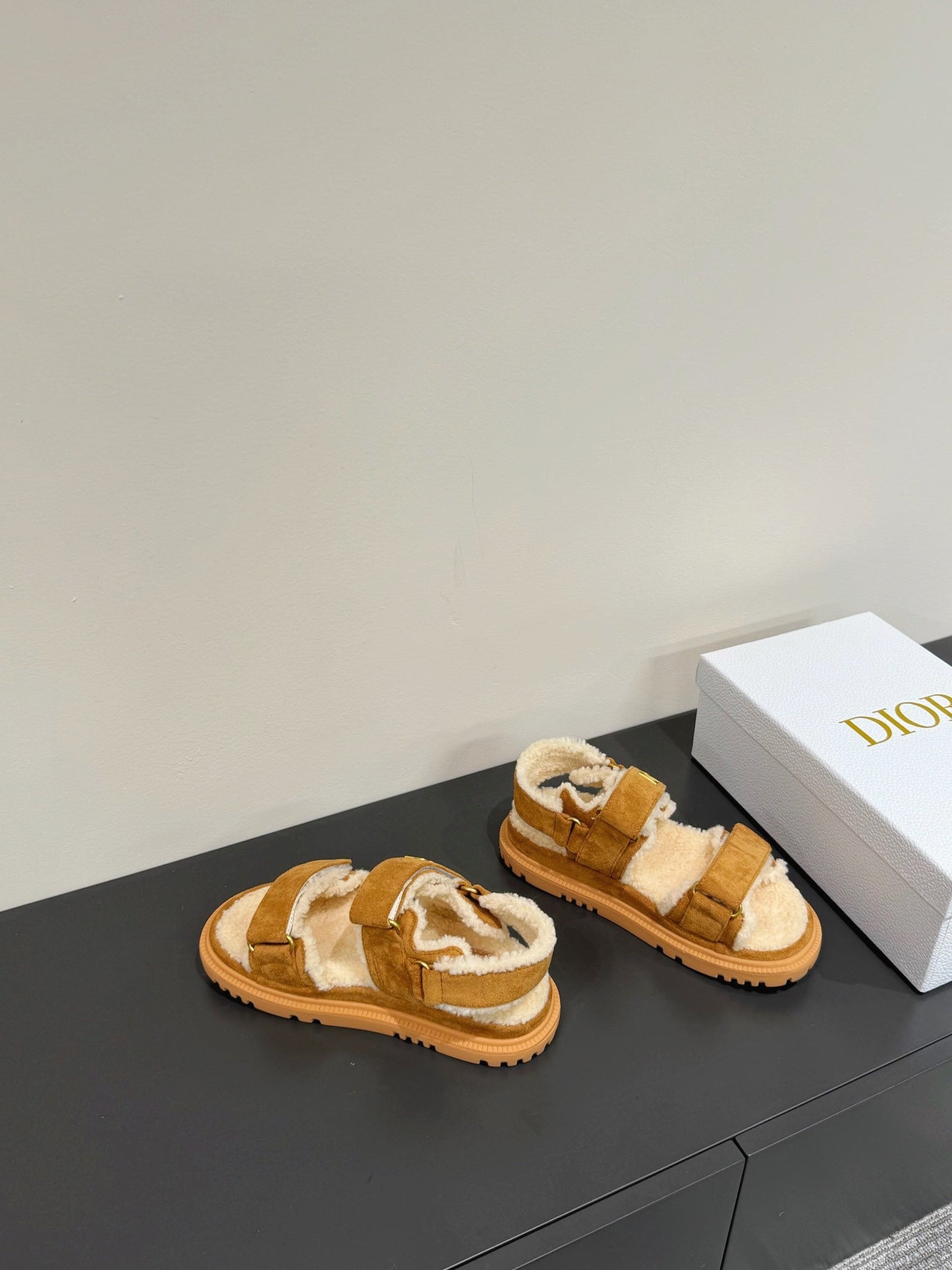 DIOR DIORact Sandal In Caramel Suede And Wool Fleece Lining 109871