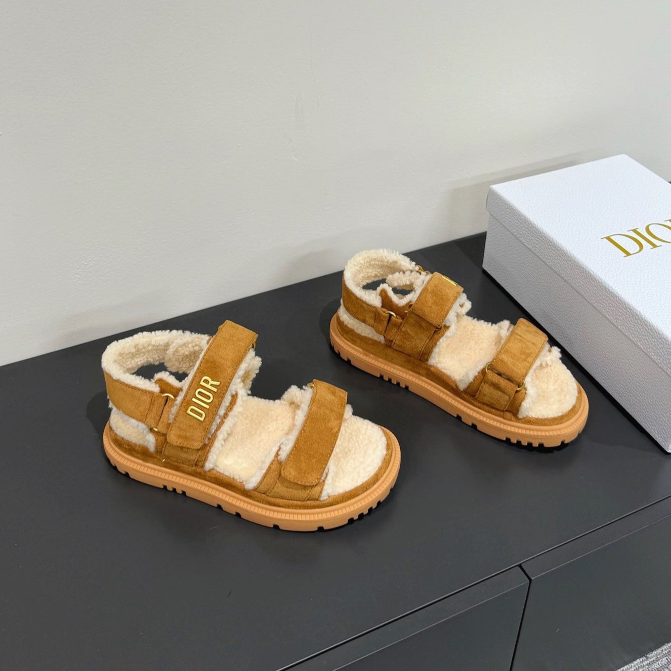 DIOR DIORact Sandal In Caramel Suede And Wool Fleece Lining 109871