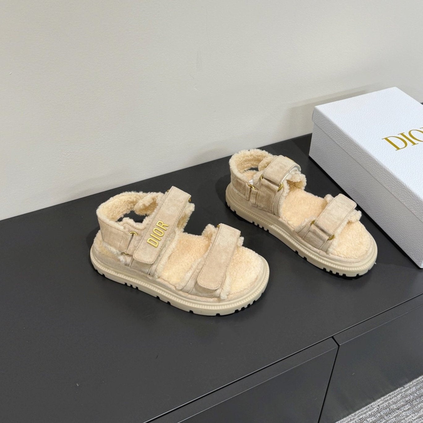 DIOR DIORact Sandal In Light Grey Suede And Wool Fleece Lining 109873