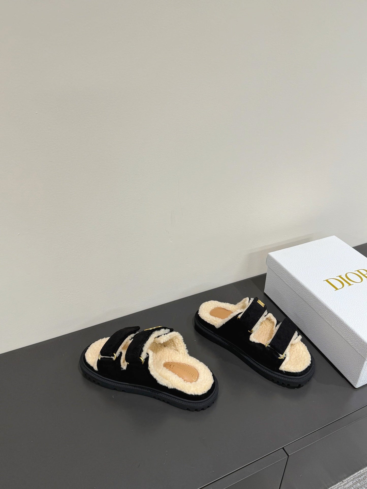 DIOR DIORact Slide In Black Suede And Wool Fleece Lining 109875