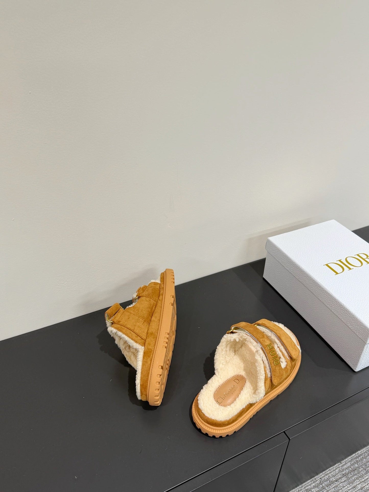 DIOR DIORact Slide In Caramel Suede And Wool Fleece Lining 109877