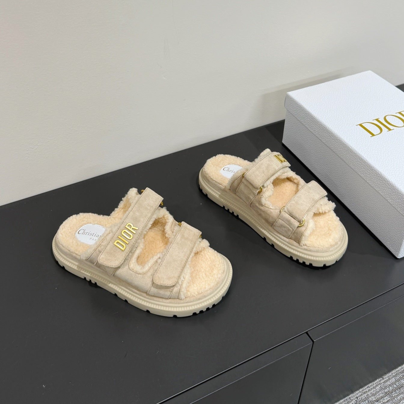 DIOR DIORact Slide In Light Grey Suede And Wool Fleece Lining 109879