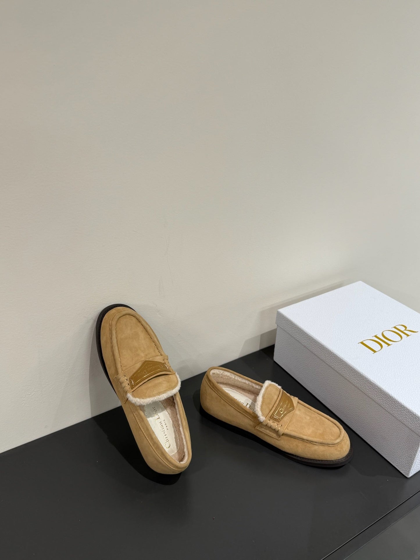 DIOR Loafers In Beige Brown Suede And Fleece Lining 109295
