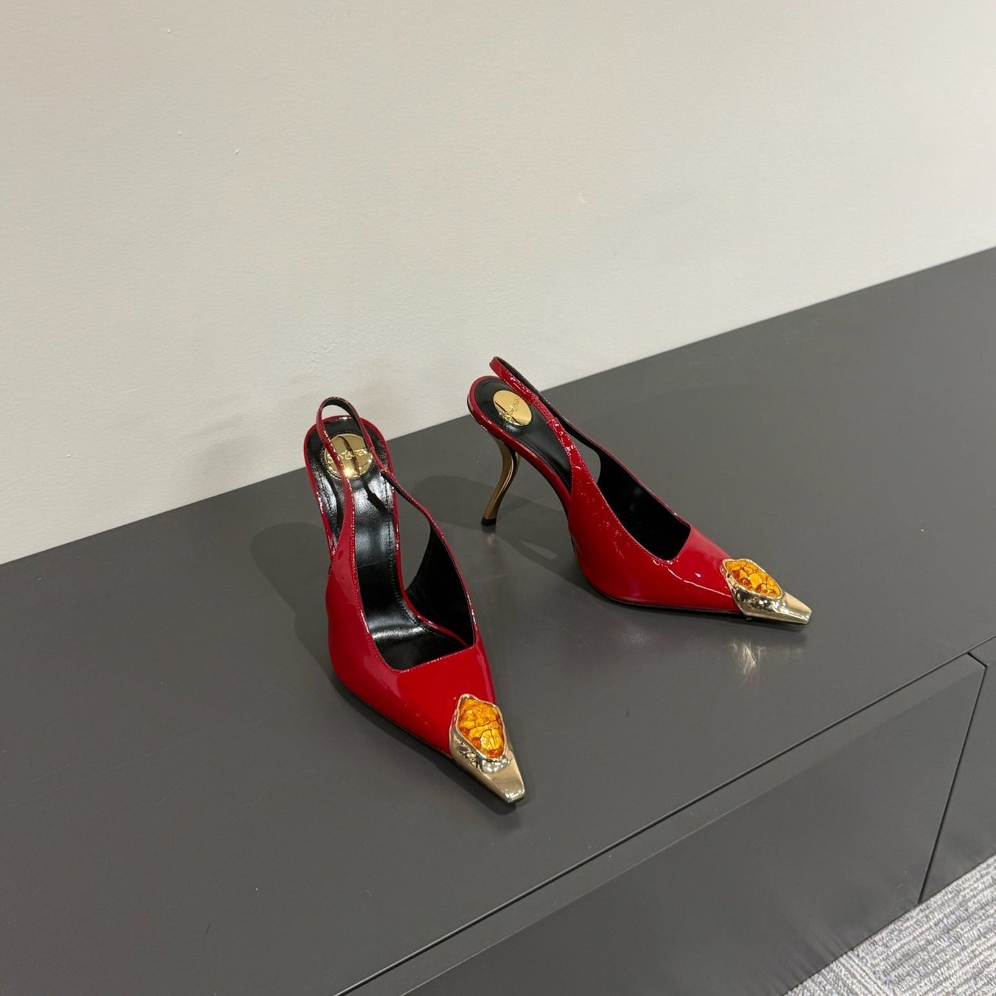 Saint Laurent ORANGE GEM-STUDDED SLINGBACK PUMPS IN RED PATENT CALFSKIN