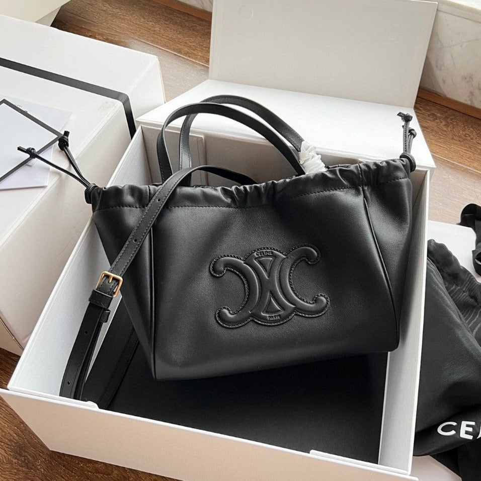 Celine SMALL CABAS DRAWSTRING CUIR TRIOMPHE 22 BLACK CALFSKIN