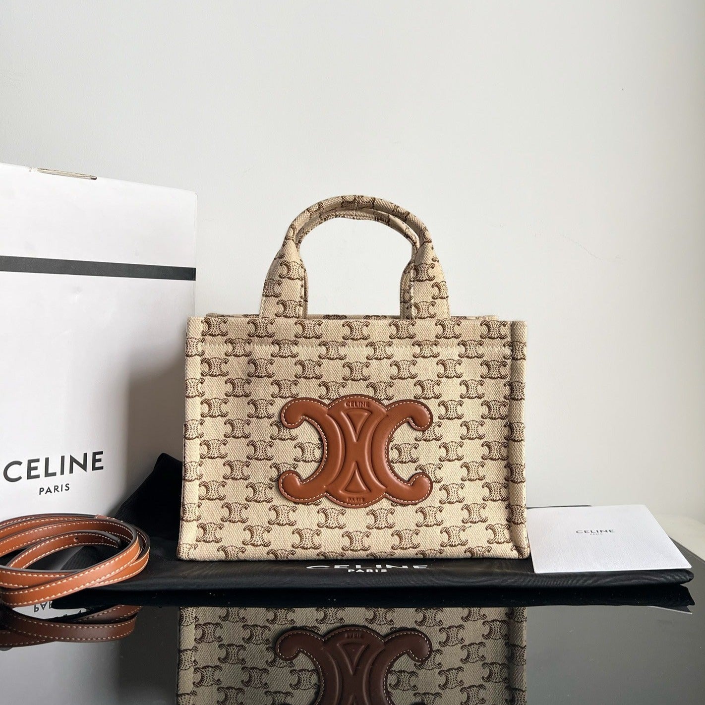 Celine SMALL CABAS THAIS 25.5 BEIGE CANVAS TRIOMPHE CALFSKIN