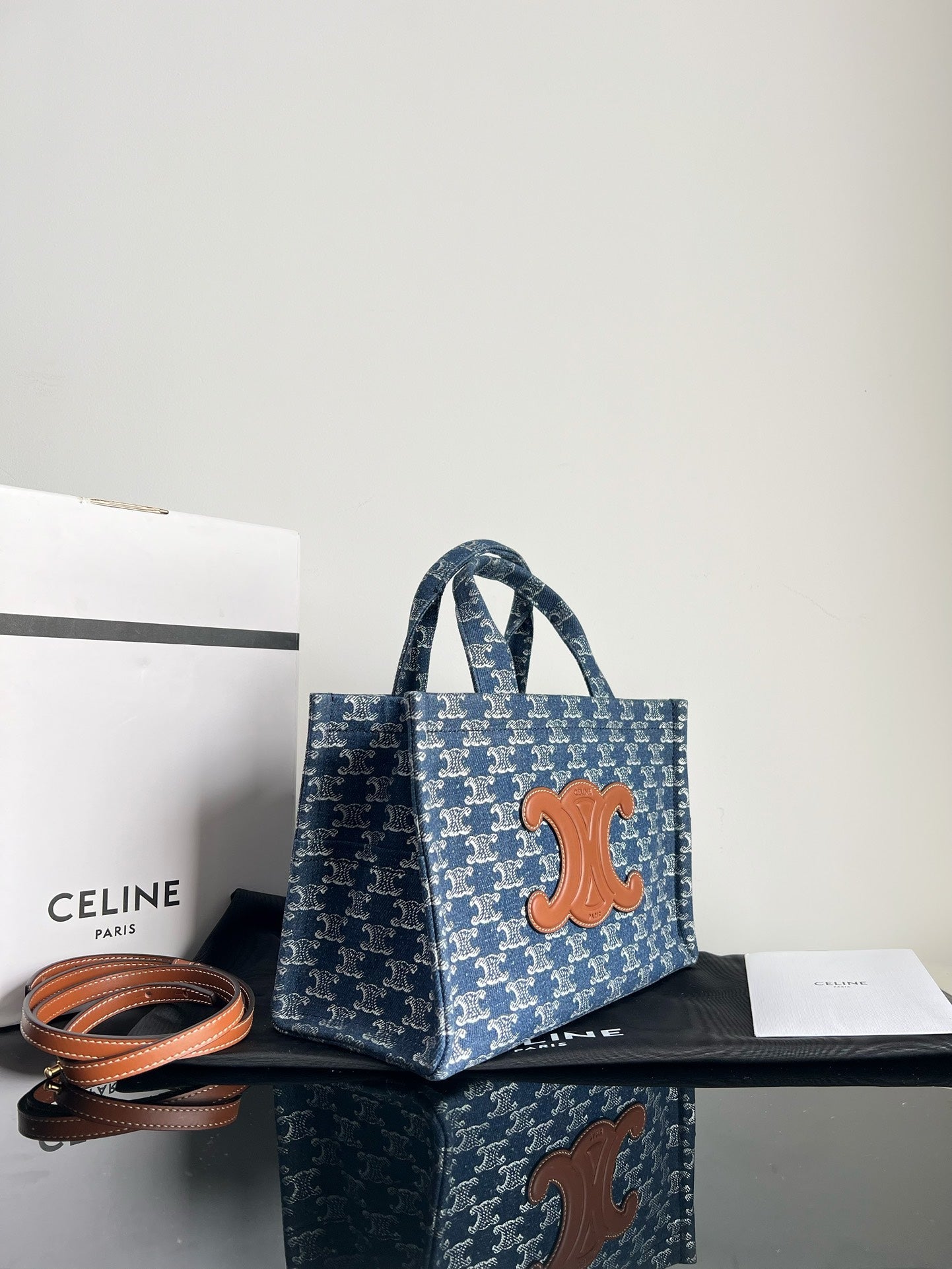 Celine SMALL CABAS THAIS 25.5 MONOGRAM BLUE DENIM TRIOMPHE CALFSKIN