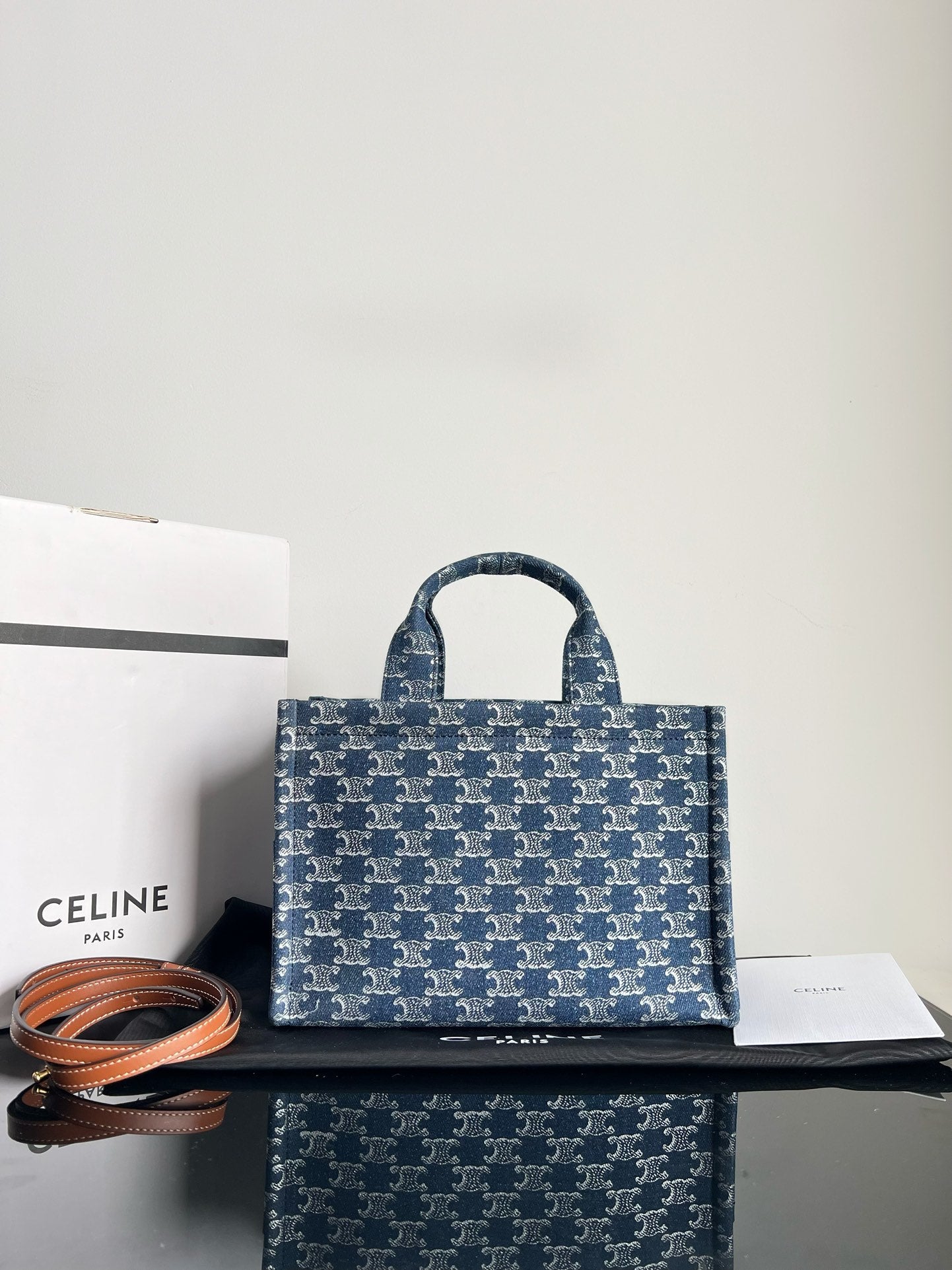 Celine SMALL CABAS THAIS 25.5 MONOGRAM BLUE DENIM TRIOMPHE CALFSKIN