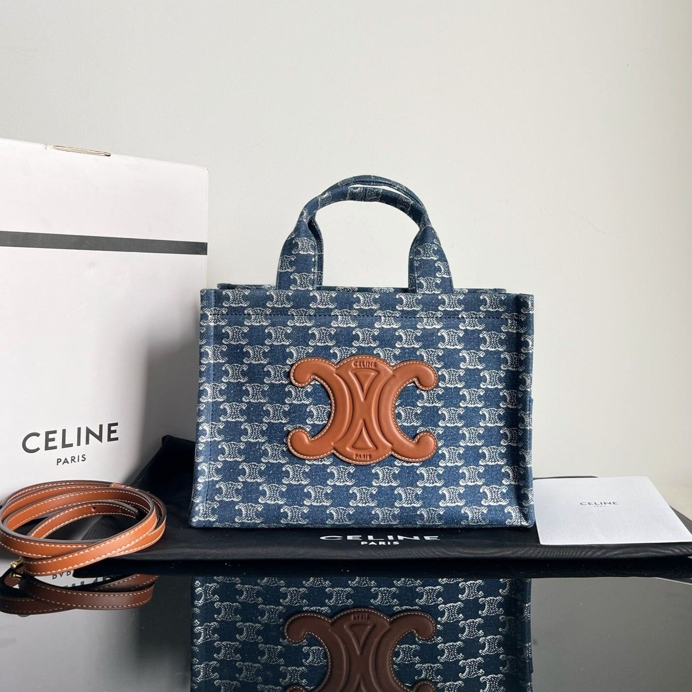 Celine SMALL CABAS THAIS 25.5 MONOGRAM BLUE DENIM TRIOMPHE CALFSKIN