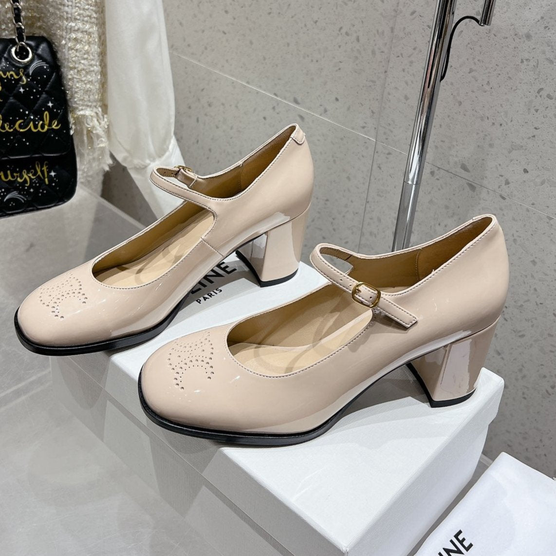 Celine HIGH MARY JANE SHOES IN TAN BEIGE PATENT CALFSKIN
