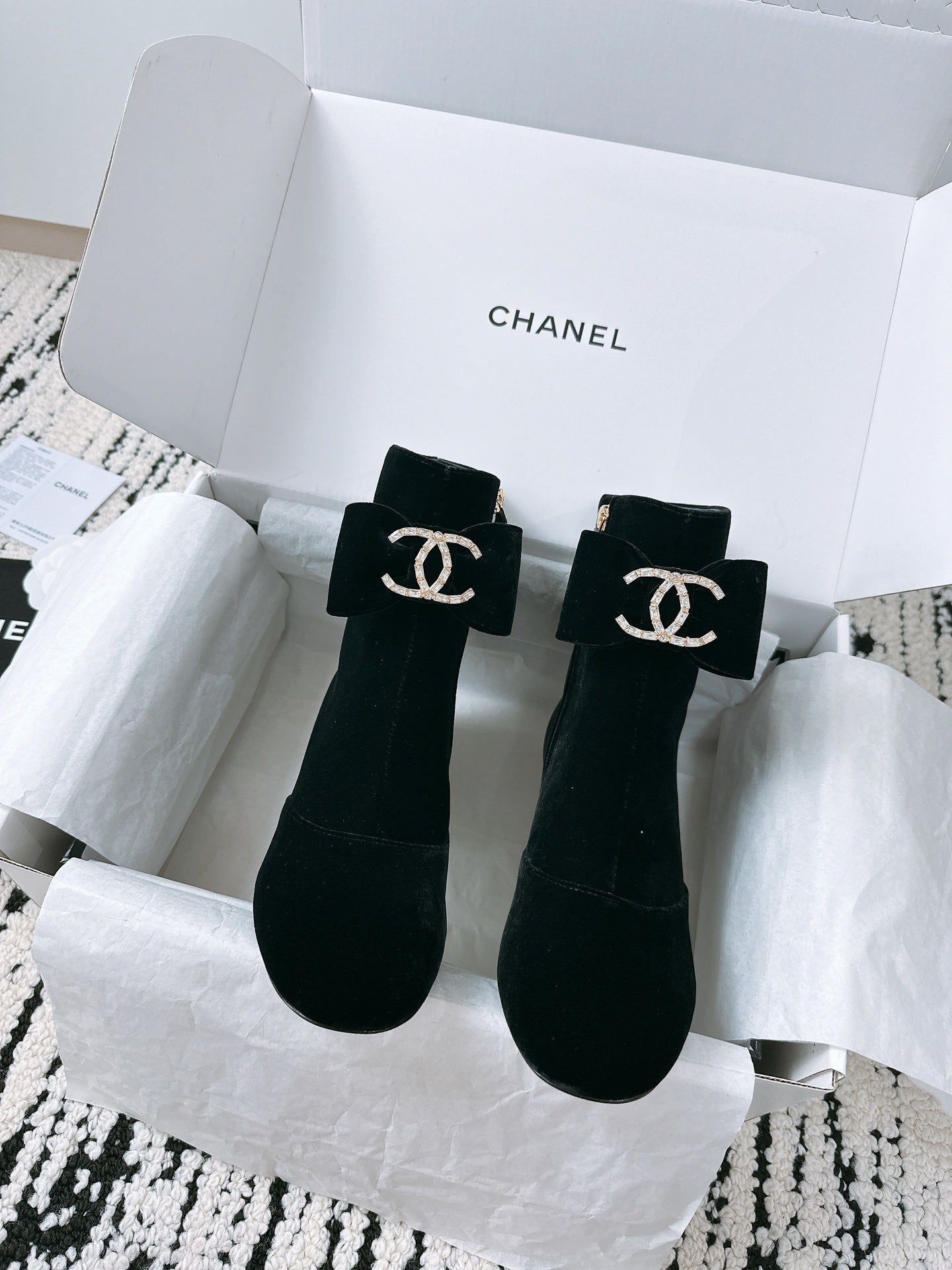CHANEL Ankle Boots In Black Velvet With Bow Tie 144659