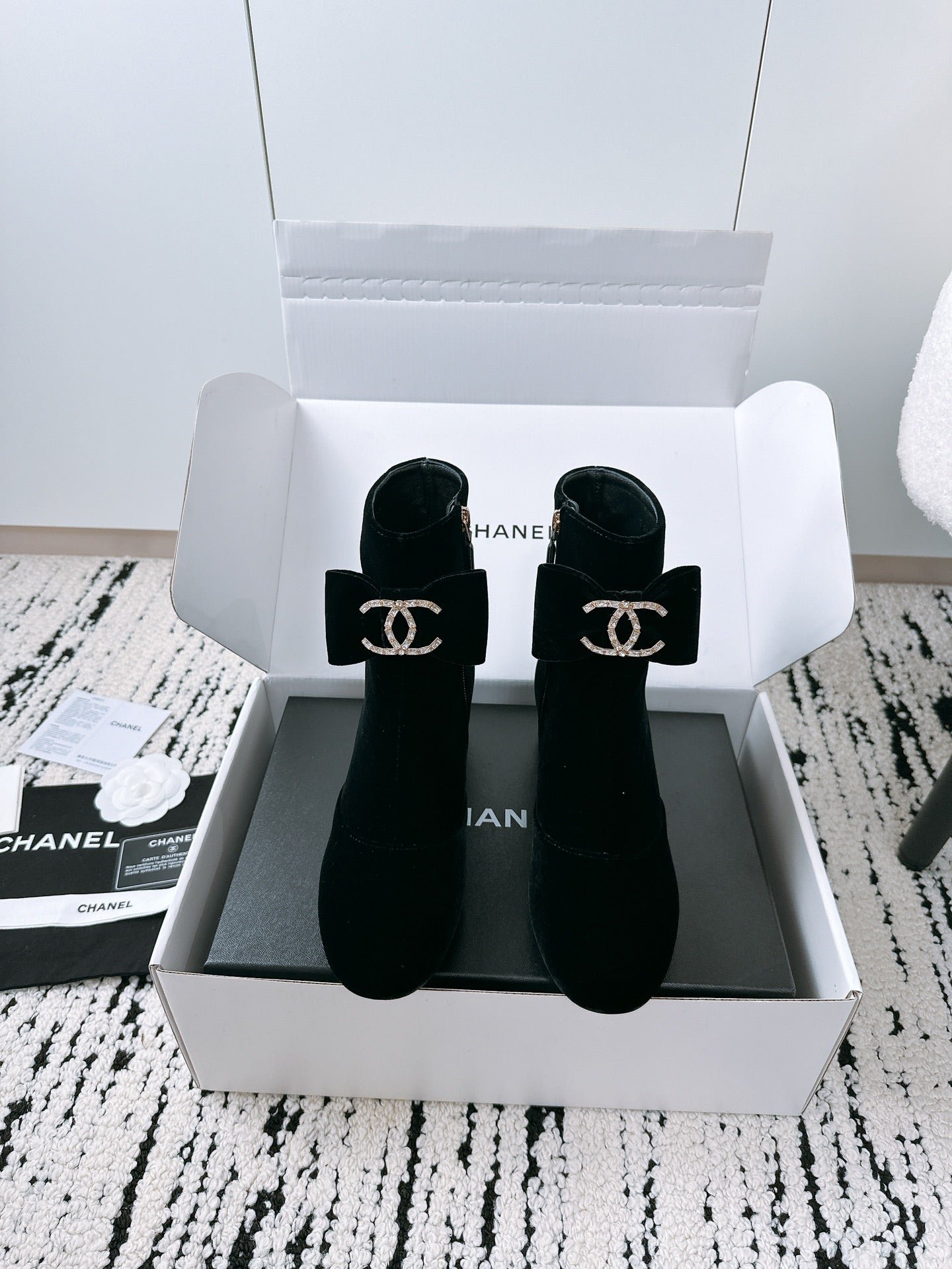CHANEL Ankle Boots In Black Velvet With Bow Tie 144659