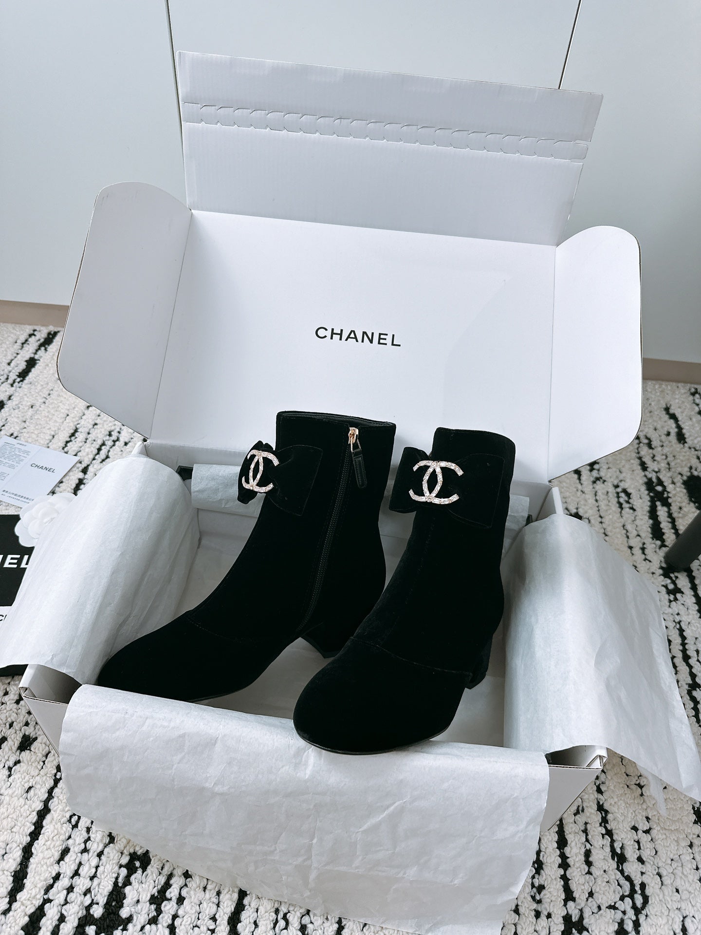 CHANEL Ankle Boots In Black Velvet With Bow Tie 144659