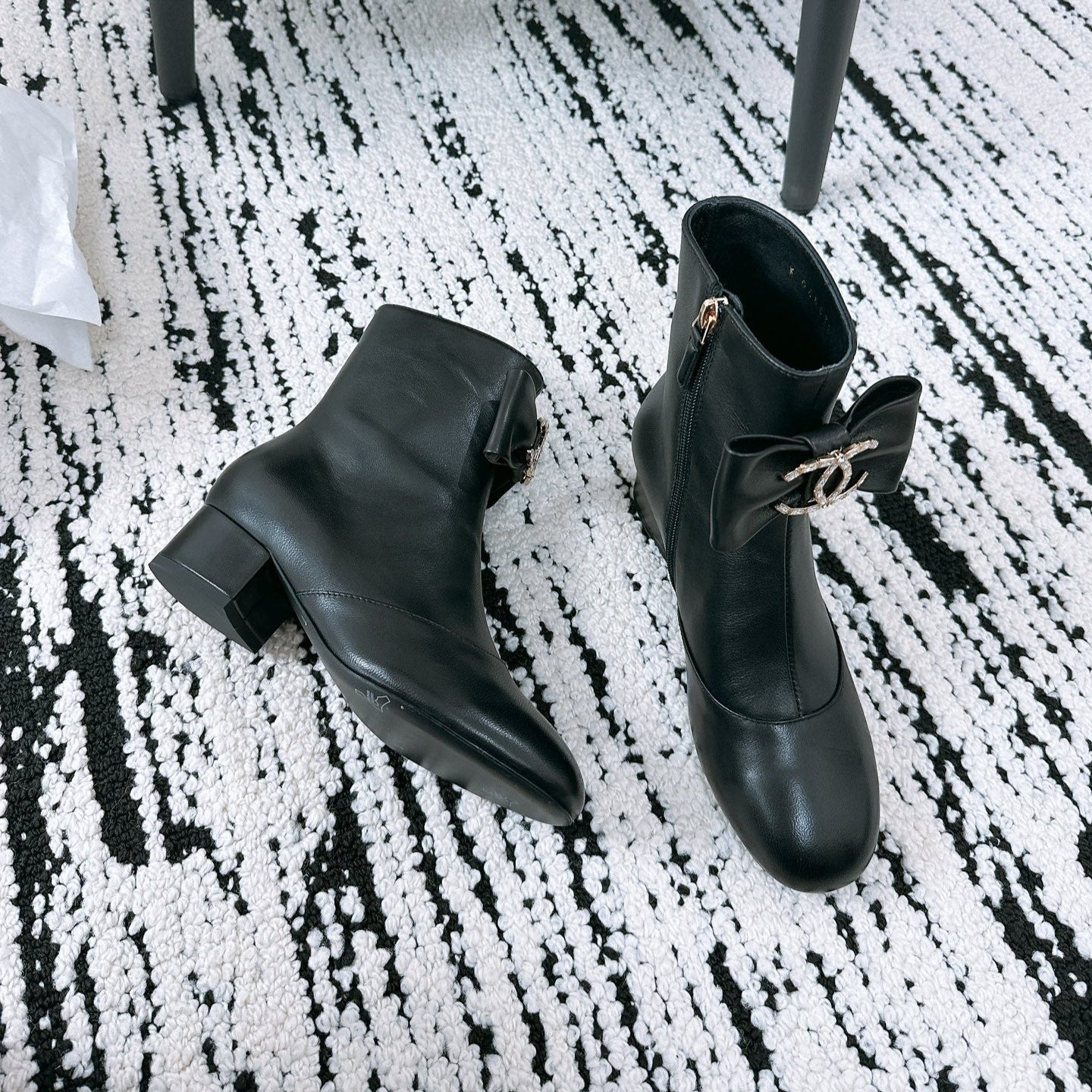 CHANEL Ankle Boots In Black Cowhide With Bow Tie 144661