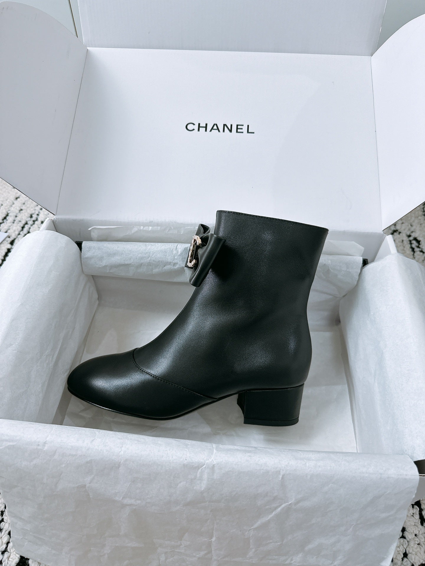CHANEL Ankle Boots In Black Cowhide With Bow Tie 144661