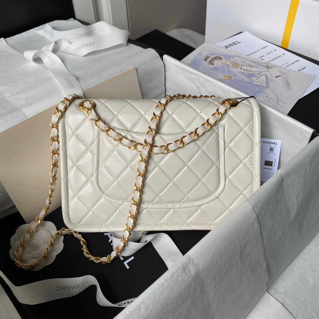 CHANEL 24s medium flap bag 25cm cream calfskin gold hardware