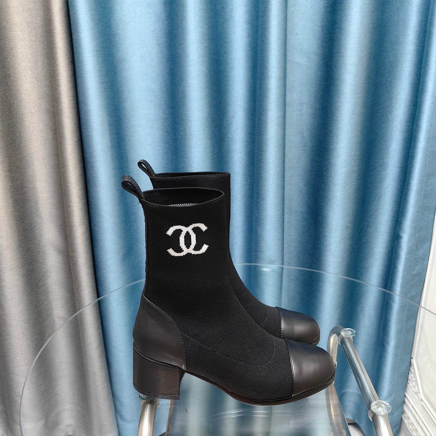 CHANEL Ankle Boots 45mm Black Wool And Calfskin