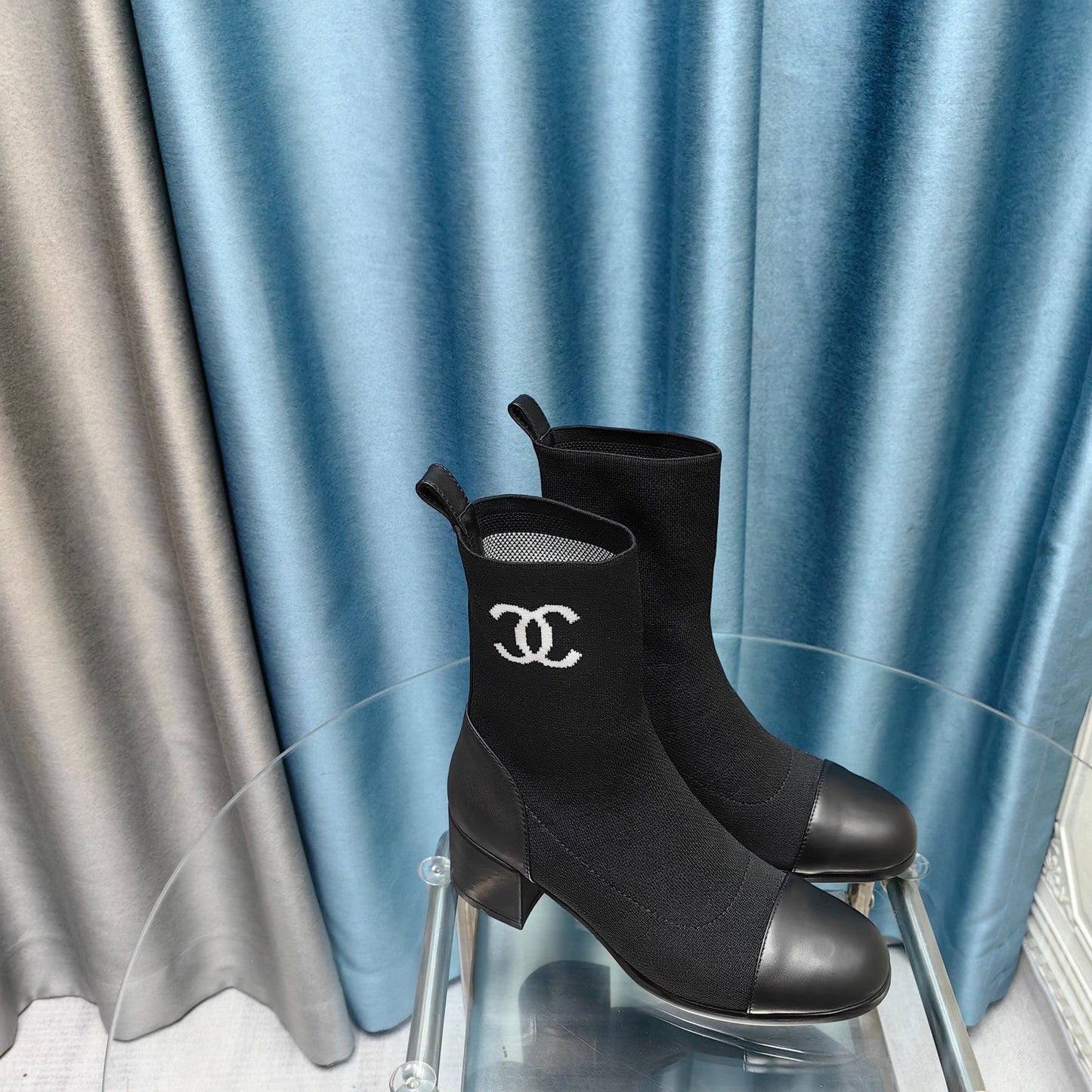 CHANEL Ankle Boots 45mm Black Wool And Calfskin