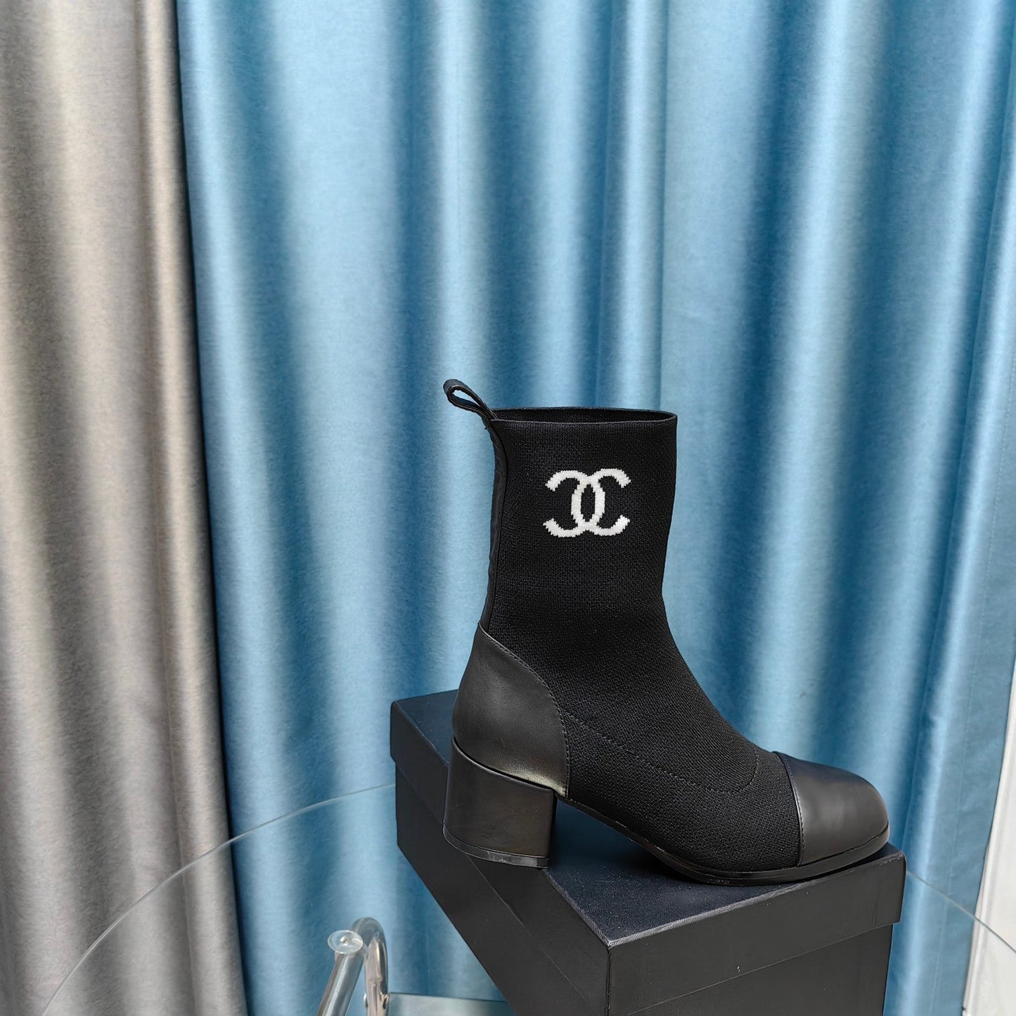 CHANEL Ankle Boots 45mm Black Wool And Calfskin
