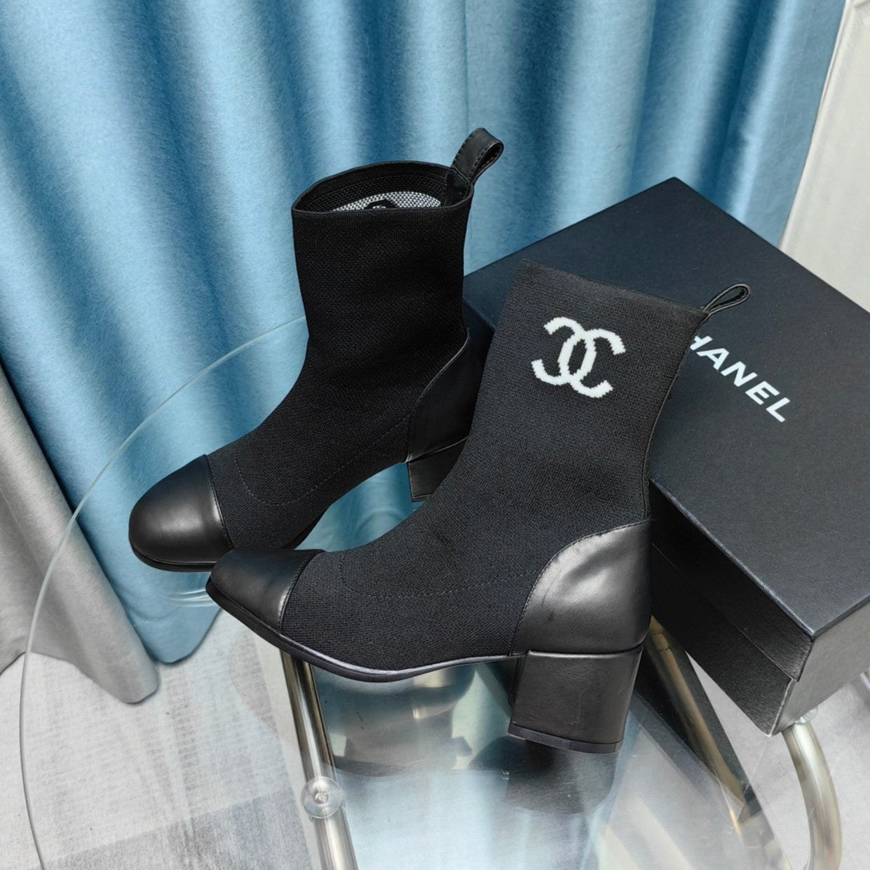 CHANEL Ankle Boots 45mm Black Wool And Calfskin
