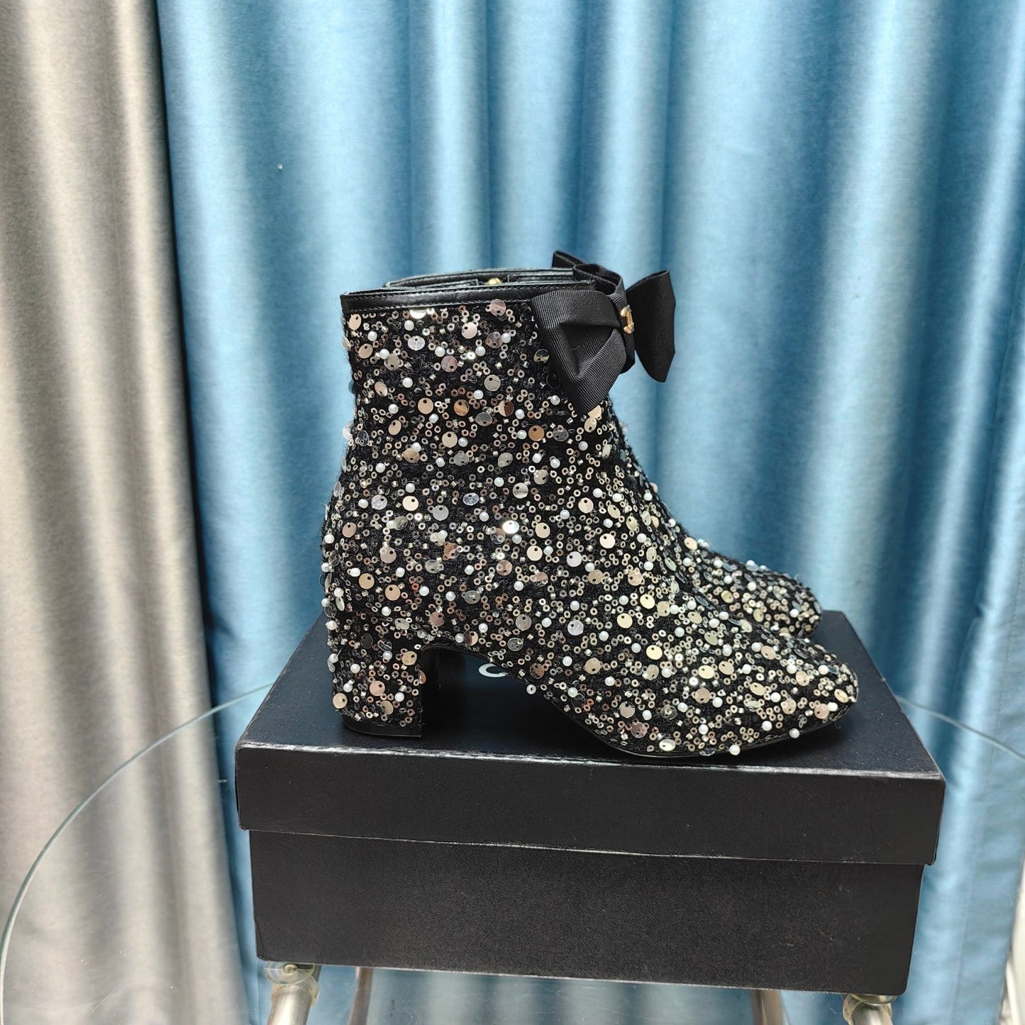 CHANEL Ankle Boots Black Bow Tweed Sequin Beaded Fabric