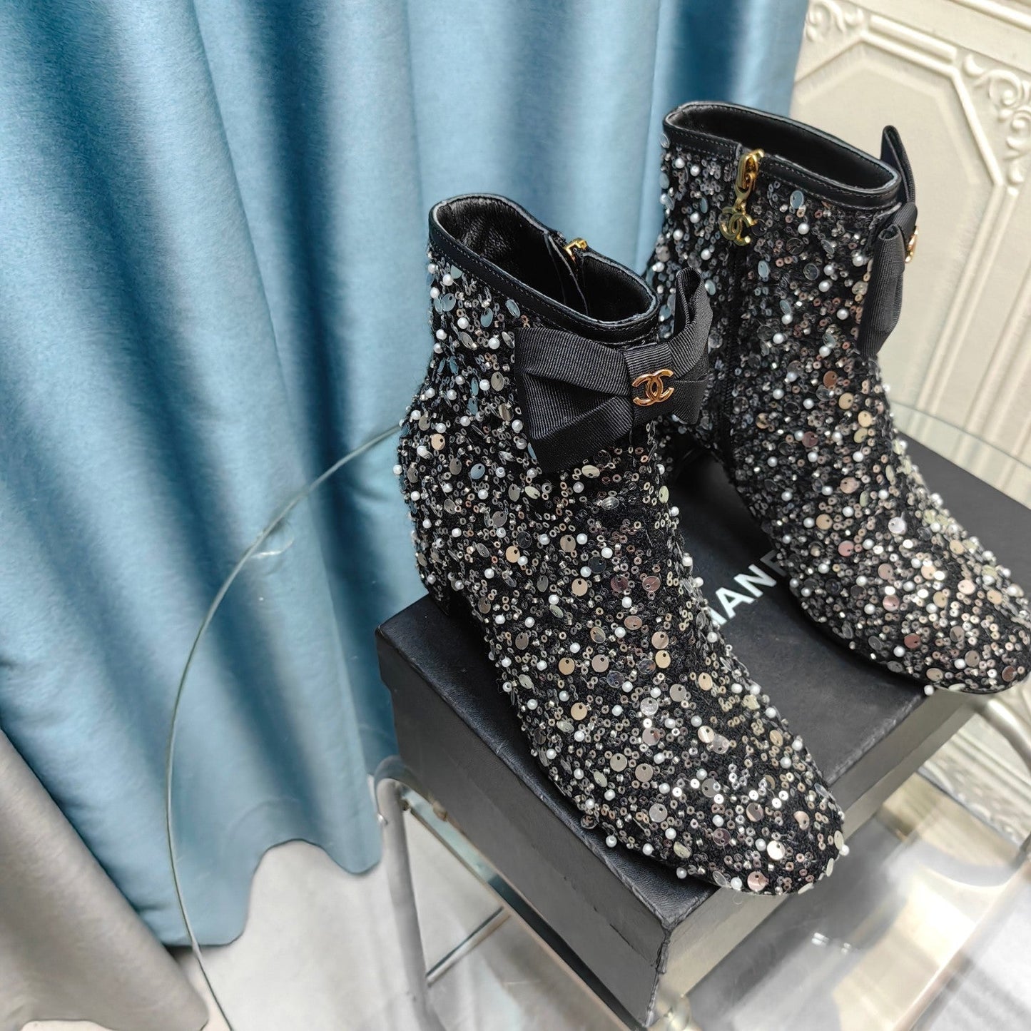 CHANEL Ankle Boots Black Bow Tweed Sequin Beaded Fabric