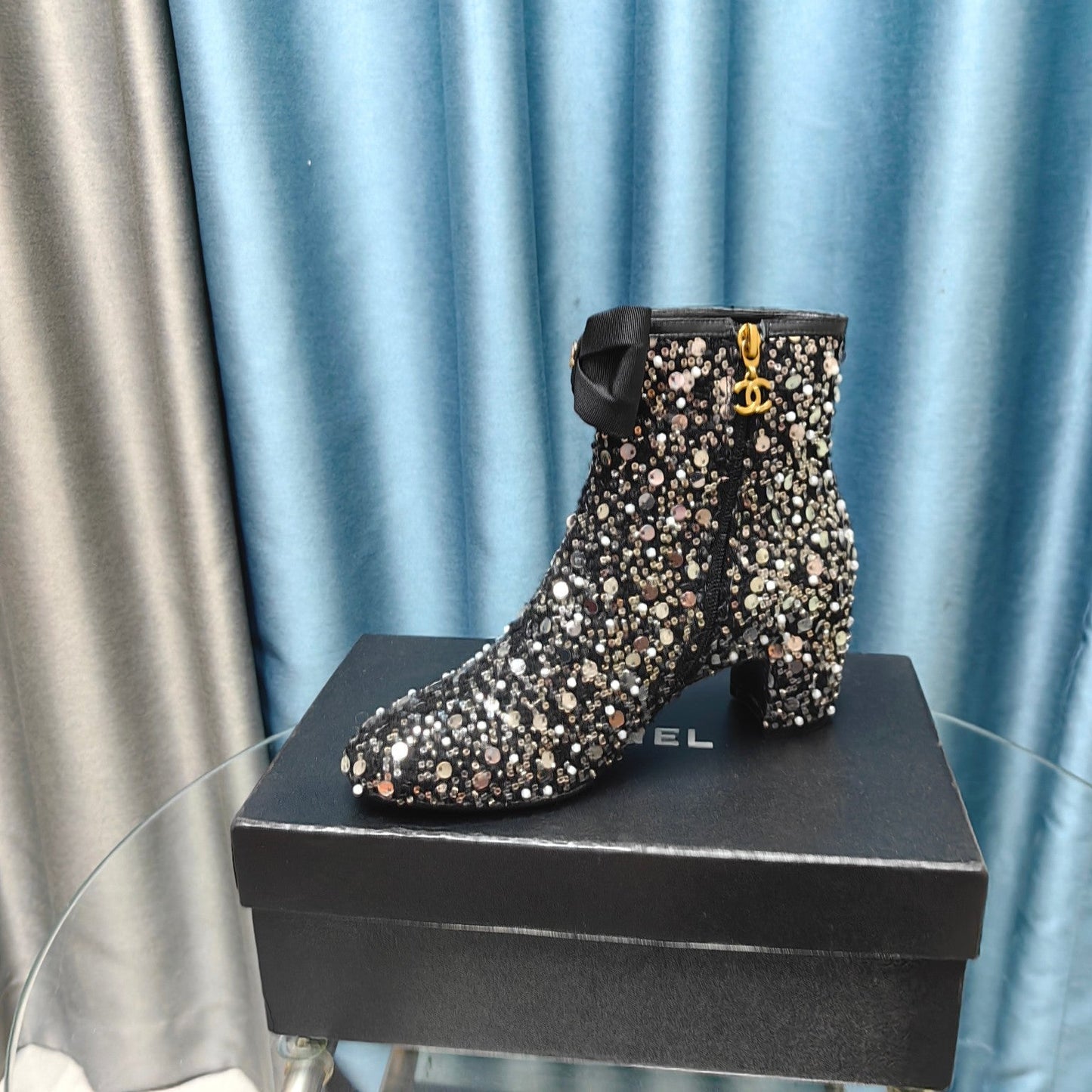 CHANEL Ankle Boots Black Bow Tweed Sequin Beaded Fabric