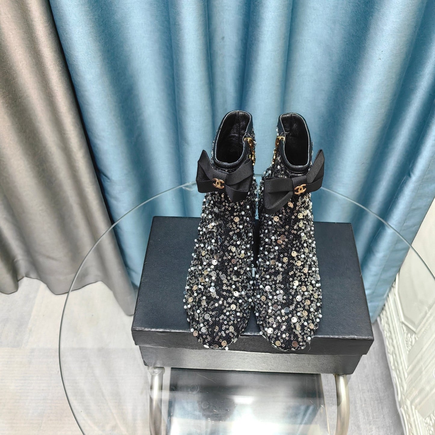 CHANEL Ankle Boots Black Bow Tweed Sequin Beaded Fabric