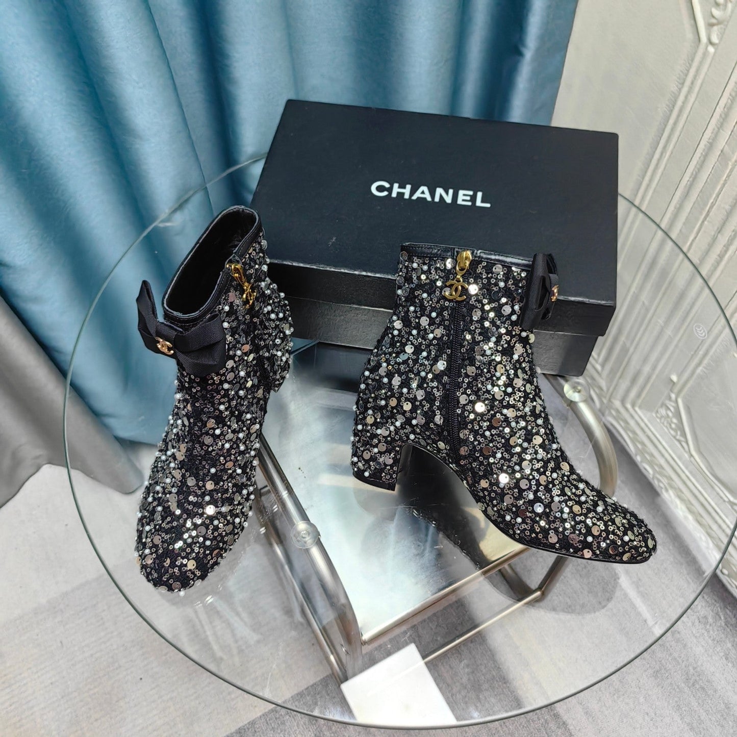 CHANEL Ankle Boots Black Bow Tweed Sequin Beaded Fabric